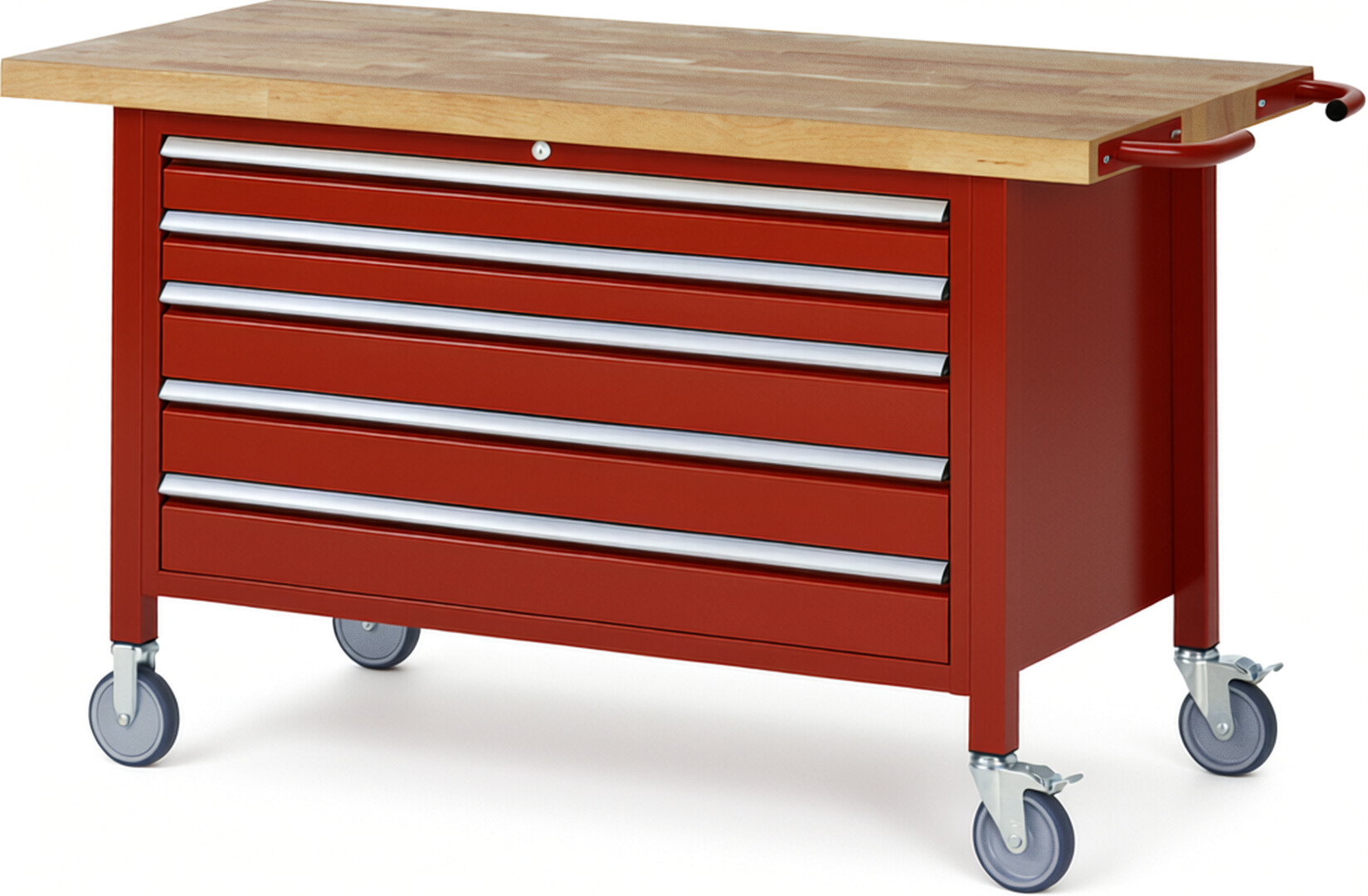 Fahrbare Werkbank Modell 8371 rot, BxTxH 1500x700x880 mm,  Buche-Massiv Arbeitsplatte 40 mm,  5 Schubladen mit  Auszug 90 %
