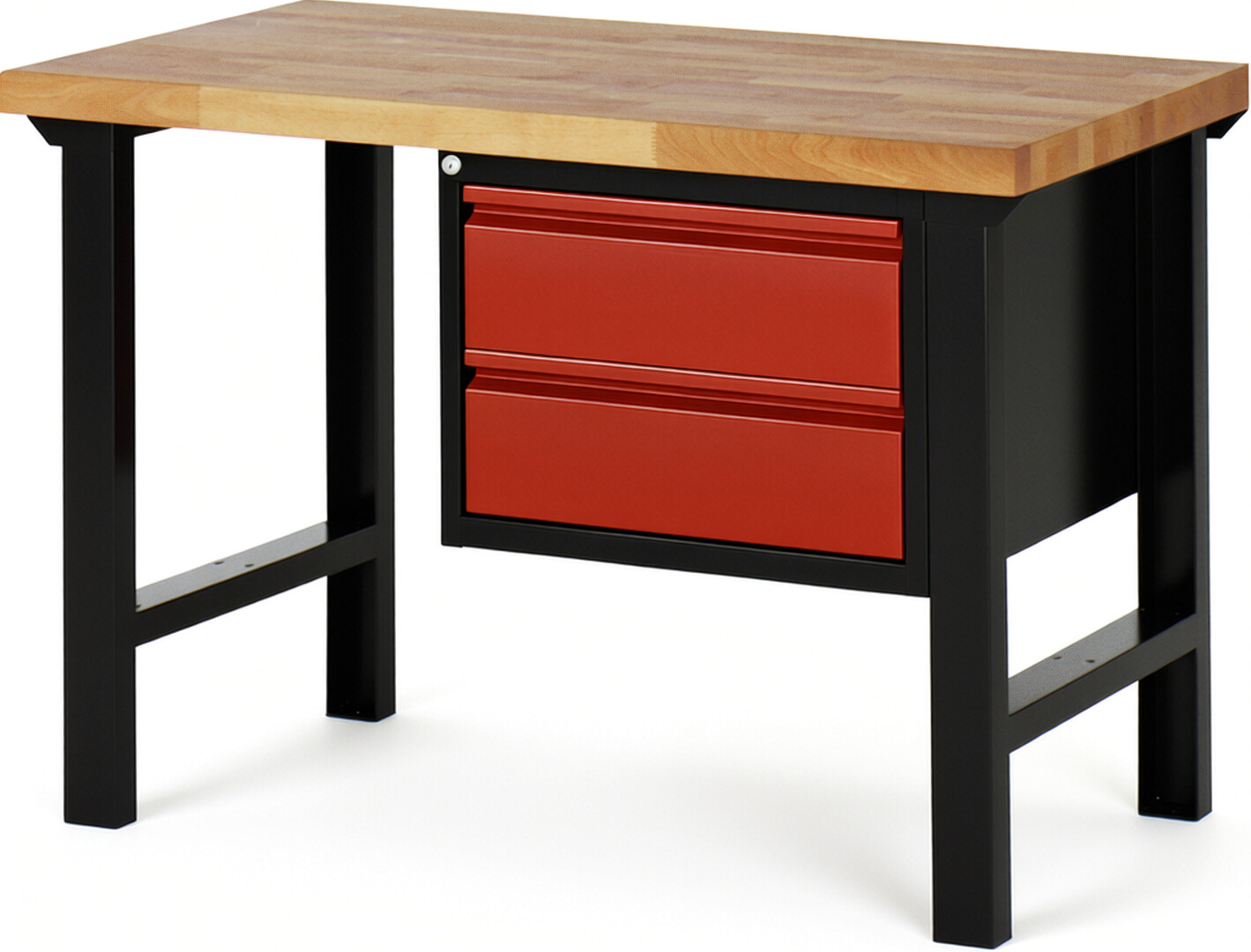 Werkbank schwarz - rot, Breite 125 cm, Tiefe 70 cm, Höhe 84 cm, 2 Schublade(n), Platte: Buche-Massiv-Arbeitsplatte