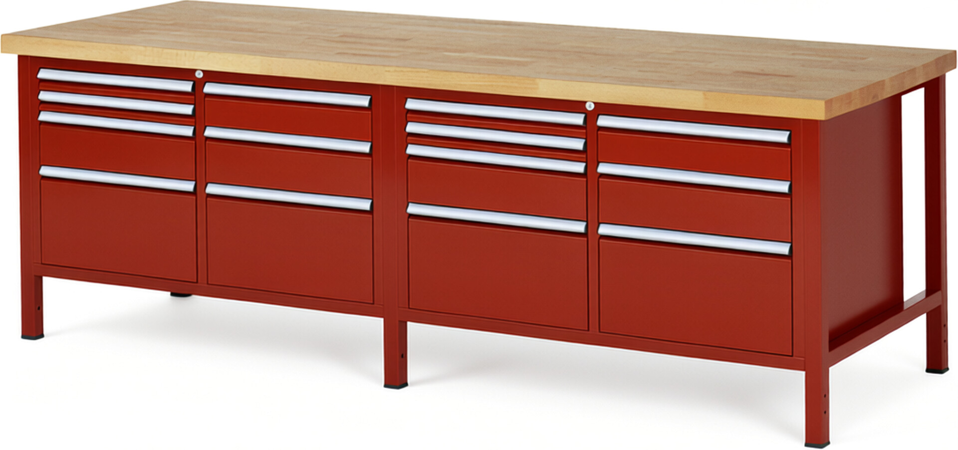 Werkbank Modell 8476 rot, BxTxH 2500x900x840 mm,  Buche-Massiv Arbeitsplatte 40 mm,  14 Schubladen mit  Vollauszug 100 % und  SoftClosing