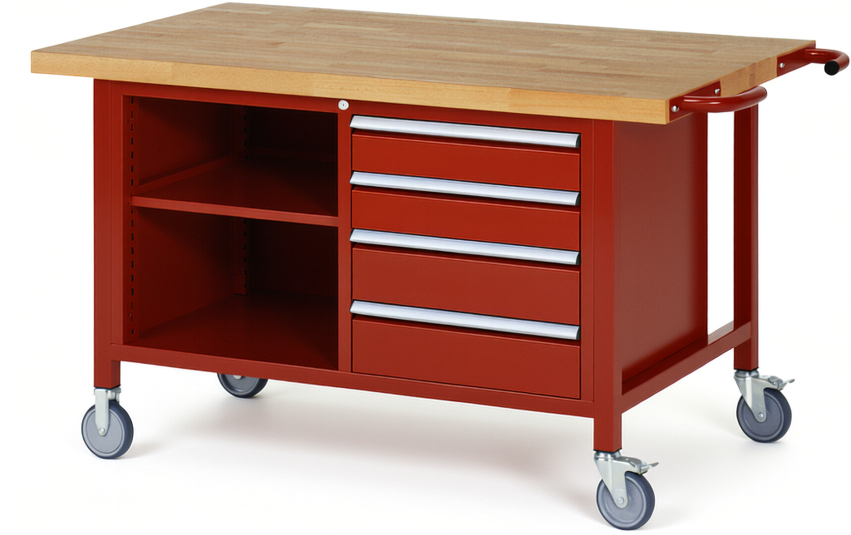 RAU Werkbank rot - Breite 150 cm - Tiefe 90 cm - Höhe 108 cm - Buche-Massiv Arbeitsplatte 40 mm