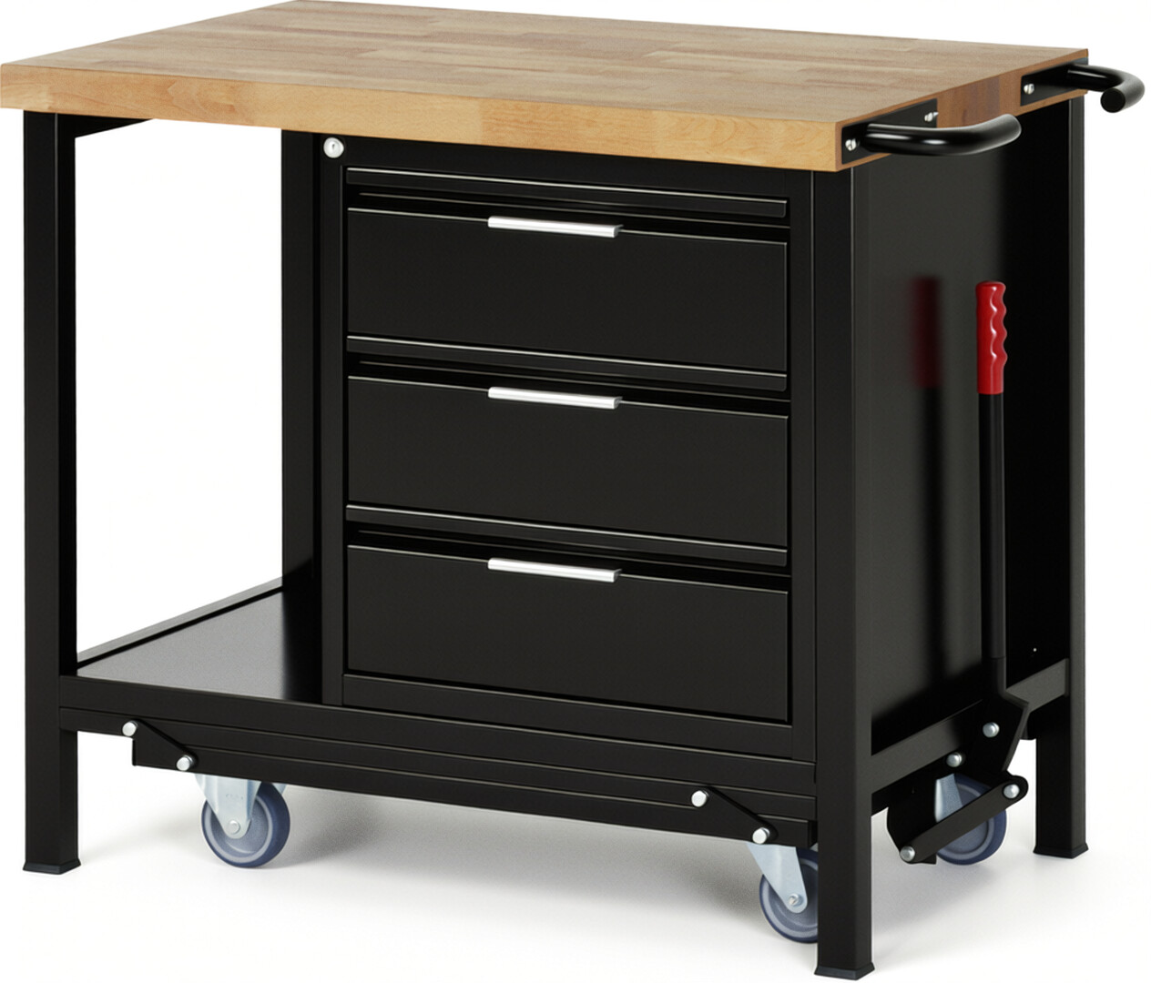 Absenkbare Werkbank - Modell 8157 BASIC schwarz, BxTxH 1000x700x880 mm,  Buche-Massiv Arbeitsplatte 40 mm,  3 Schubladen mit  Auszug 90 %