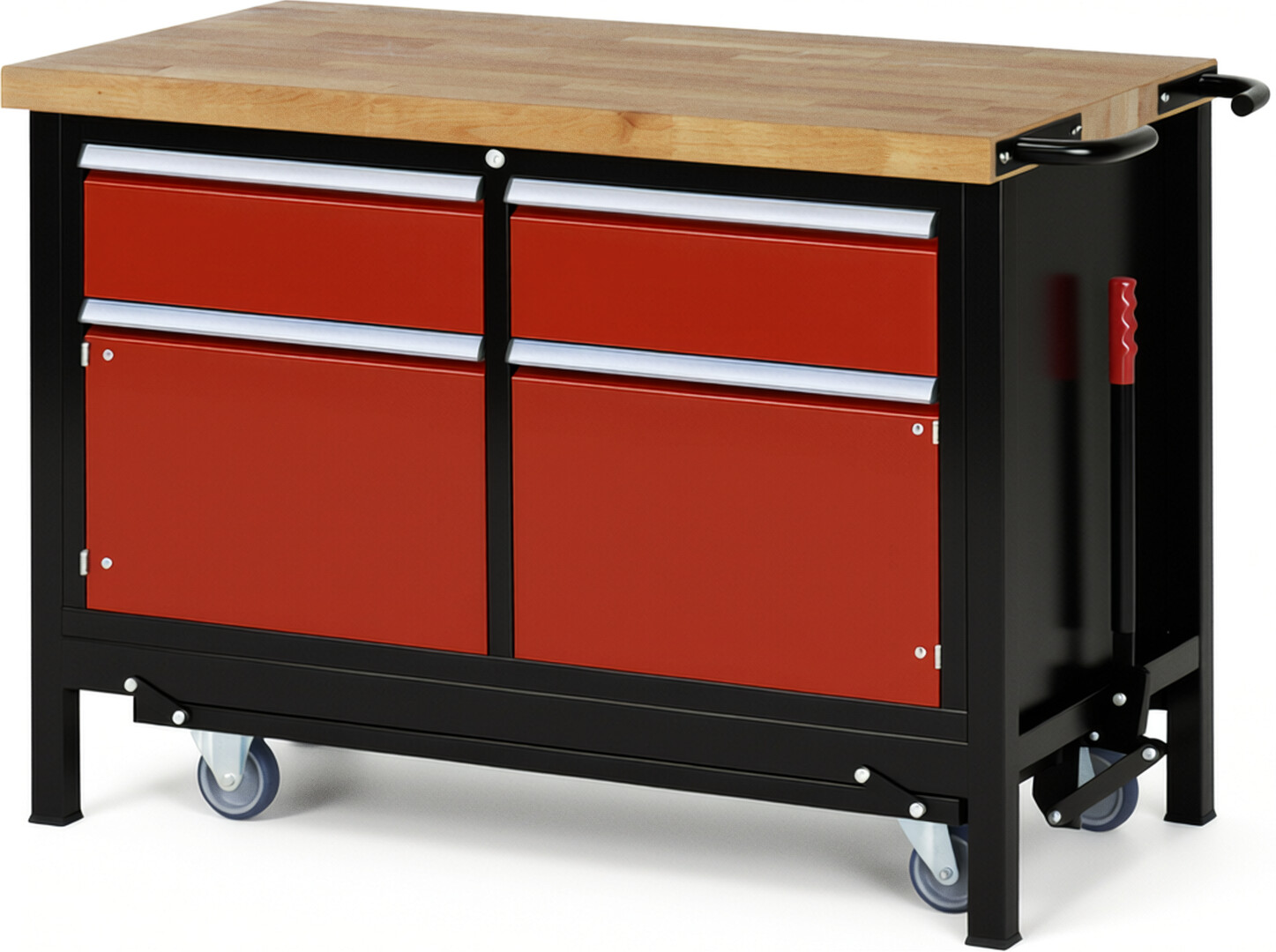 RAU Werkbank schwarz - rot - Breite 125 cm - Tiefe 70 cm - Höhe 88 cm - Buche-Massiv Arbeitsplatte 40 mm