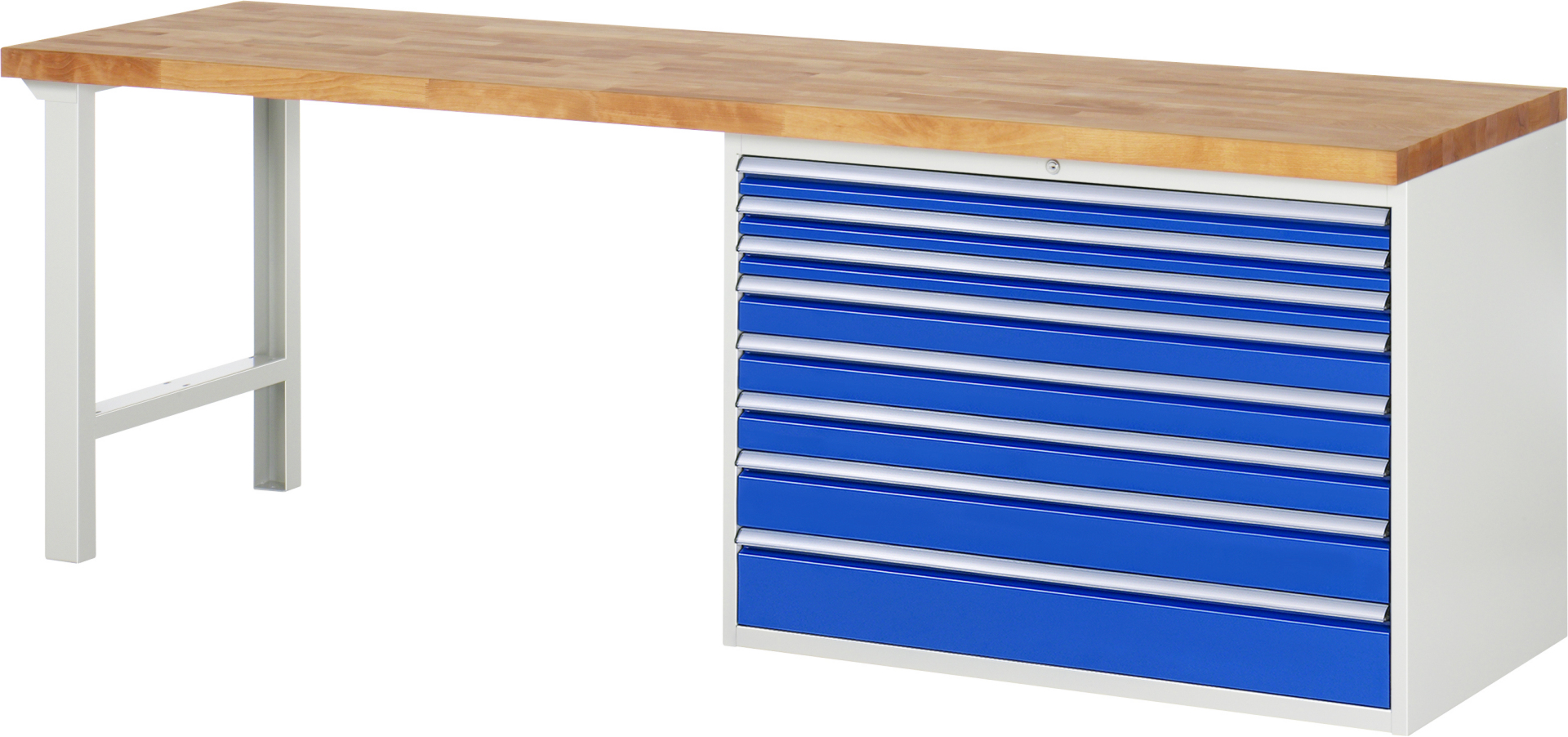 Werkbank Modell 7719 rot - schwarz, BxTxH 2500x700x890 mm,  Buche-Massiv Arbeitsplatte 40 mm,  8 Schubladen mit  Vollauszug 100 % und  SoftClosing