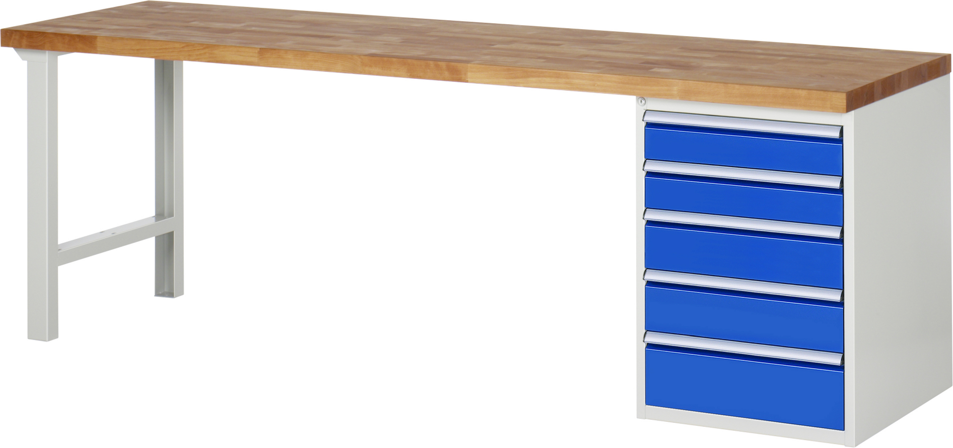 Werkbank Modell 7513 rot - schwarz, BxTxH 2500x700x840 mm,  Buche-Massiv Arbeitsplatte 40 mm,  5 Schubladen mit  Vollauszug 100 % und  SoftClosing