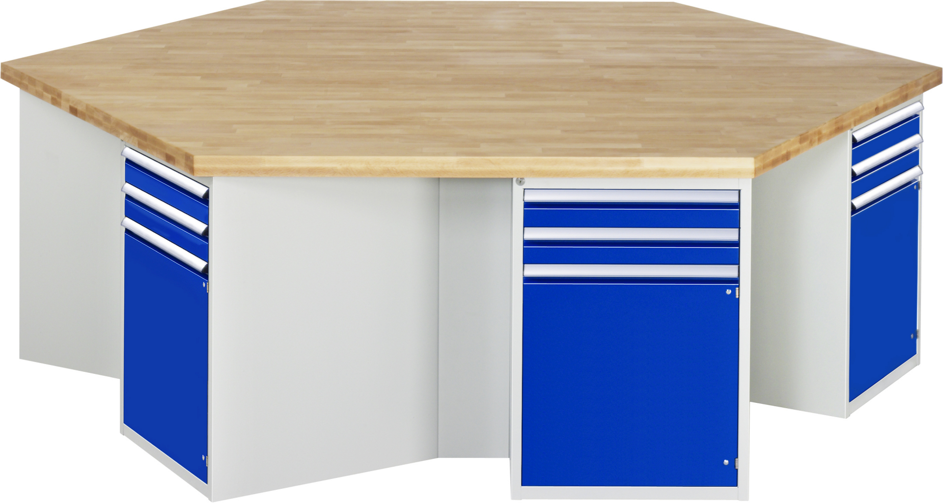 Gruppenwerkbank Modell 492,  BxTxH 2700x2340x900 mm,  Buche-Massiv Arbeitsplatte 50 mm,  12 Schubladen mit  Vollauszug 100 % und  SoftClosing