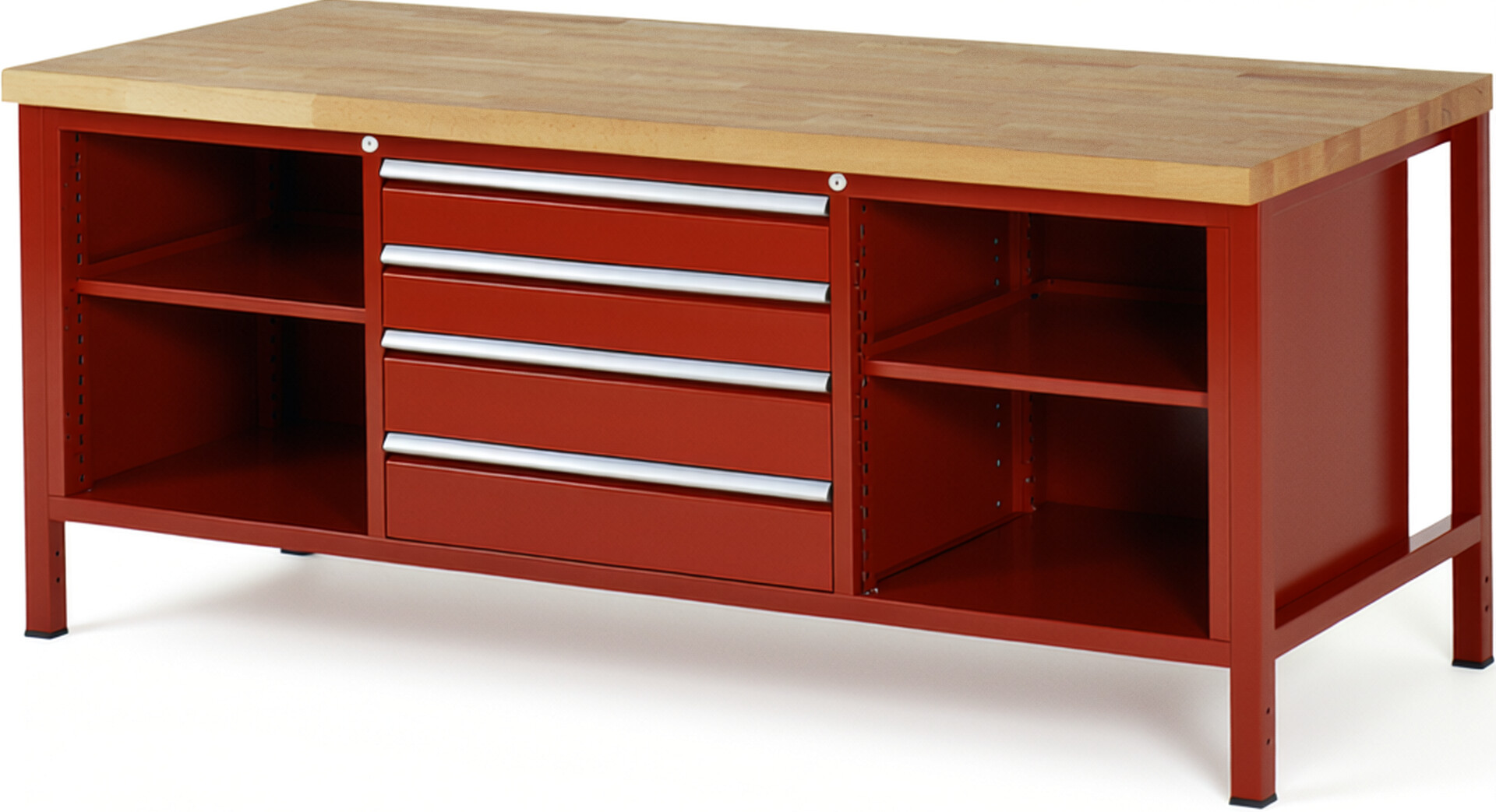 Werkbank Modell 8751 rot, BxTxH 2000x900x840 mm,  Buche-Massiv Arbeitsplatte 40 mm,  4 Schubladen mit  Auszug 90 %