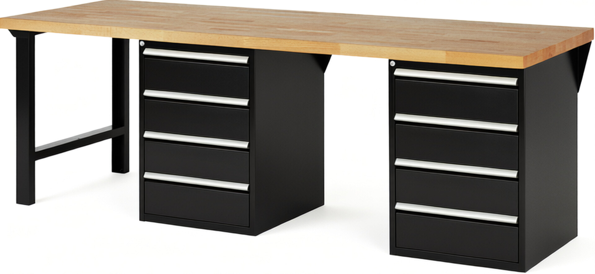 Werkbank Modell 7509 schwarz, BxTxH 2500x900x890 mm,  Buche-Massiv Arbeitsplatte 40 mm,  8 Schubladen mit  Auszug 90 %