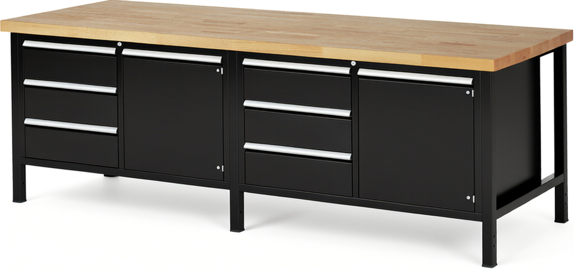Werkbank Modell 8468 schwarz, BxTxH 2500x900x840-1040 mm,  Buche-Massiv Arbeitsplatte 40 mm,  6 Schubladen mit  Auszug 90 %