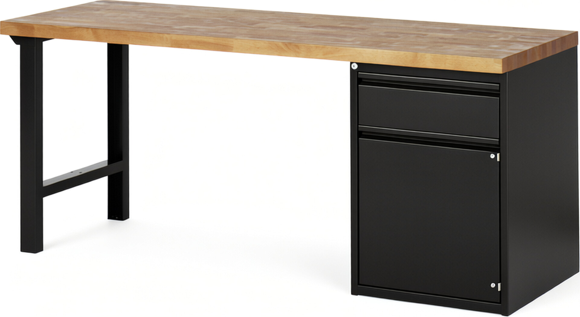 Werkbank, Platte Buche 40 mm schwarz, BxTxH 2000x700x840 mm, 1 Schublade 180 mm, 1 Tür 540 mm, 1 Fachboden, RAL 9011/9011