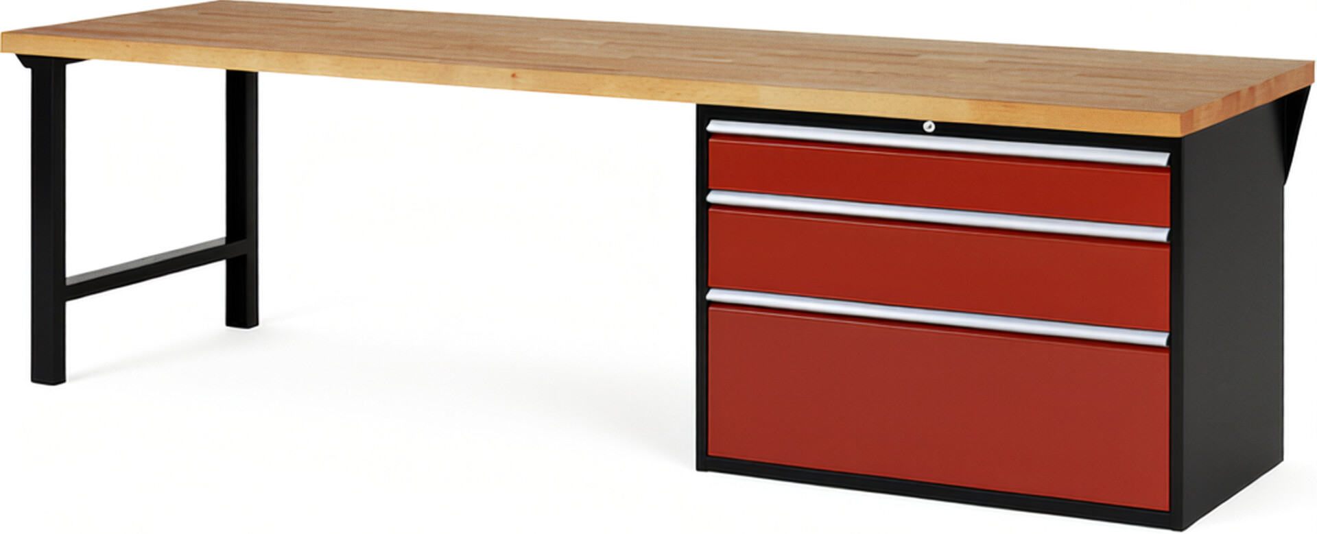 RAU Werkbank schwarz - rot - Breite 300 cm - Tiefe 90 cm - Höhe 89 cm - Buche-Massiv Arbeitsplatte 40 mm