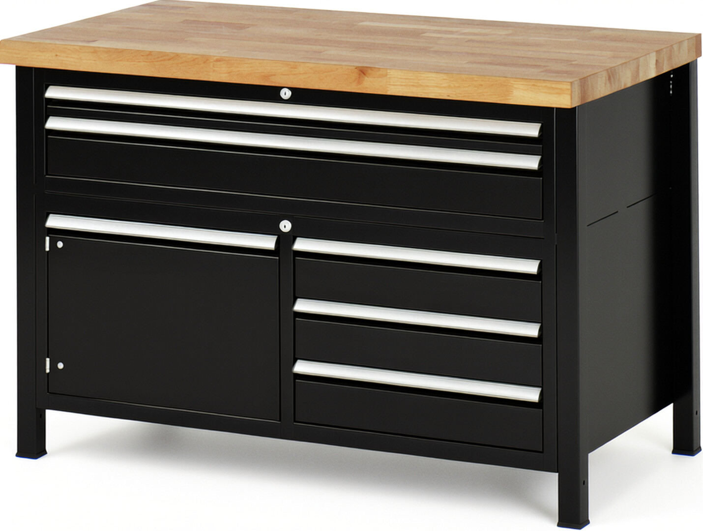 Werkbank Modell 8922 schwarz, BxTxH 1250x700x840-1040 mm,  Buche-Massiv Arbeitsplatte 40 mm,  5 Schubladen mit  Auszug 90 %
