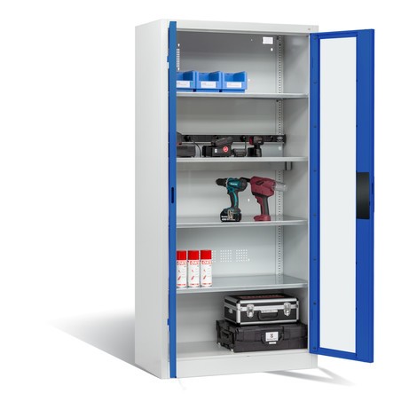 Akku Ladeschrank, Sichtfenster-Türen,BxTxH 930x500x1950 mm, RAL 7035/5010 mit 3 verzinkten Einlegeböden