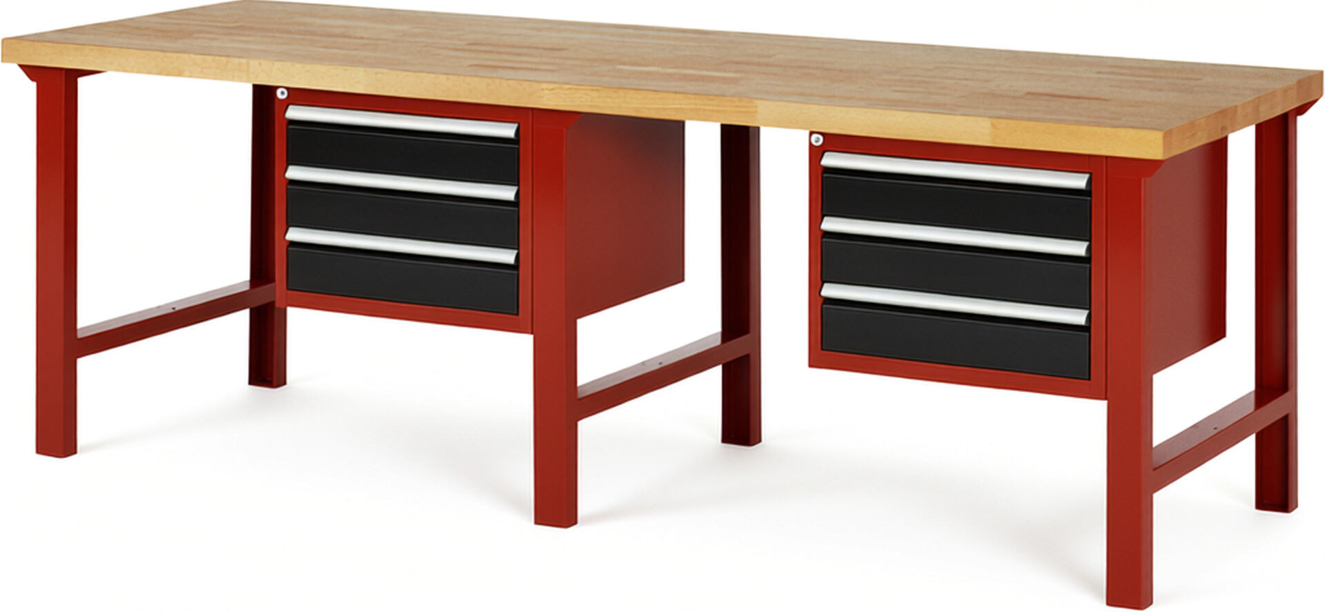Werkbank Modell 7127 rot - schwarz, BxTxH 2500x900x840 mm,  Buche-Massiv Arbeitsplatte 40 mm,  6 Schubladen mit  Vollauszug 100 % und  SoftClosing