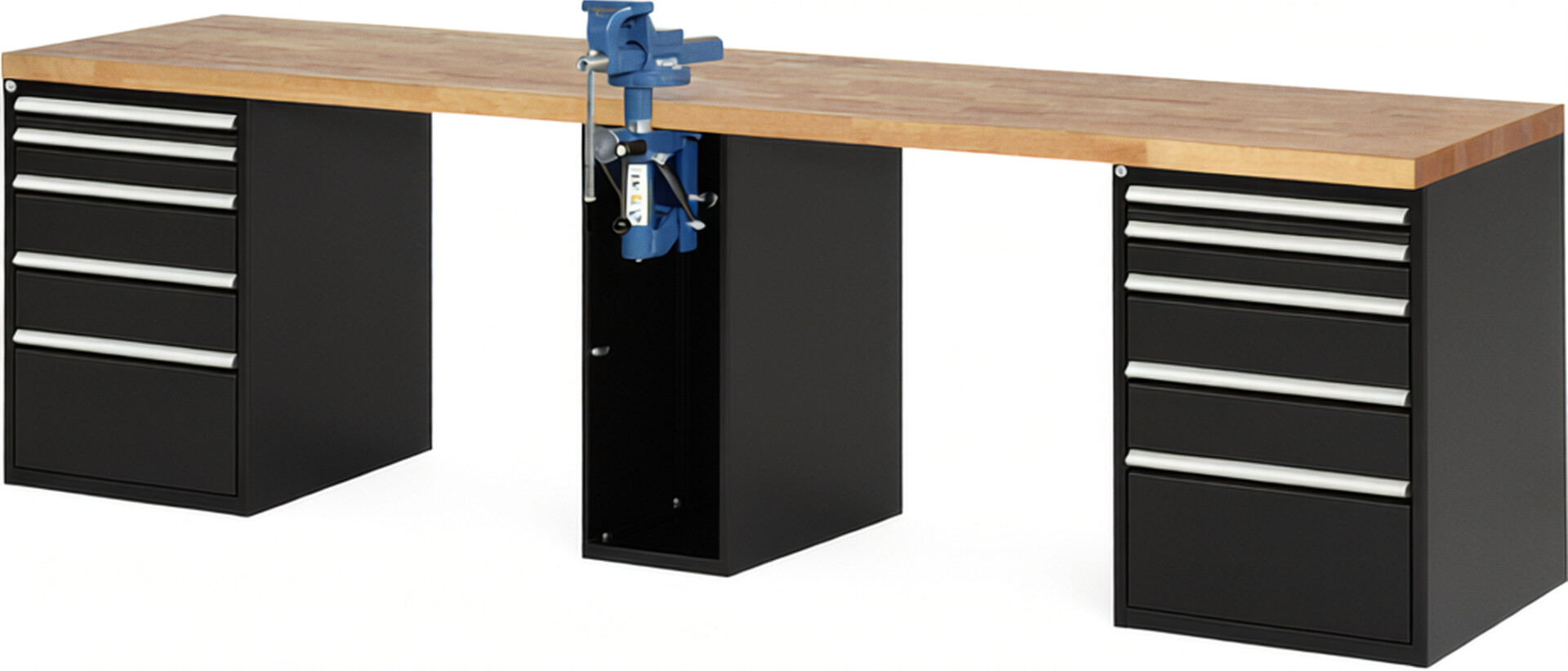 RAU Werkbank schwarz - Breite 300 cm - Tiefe 70 cm - Höhe 89 cm - Buche-Massiv Arbeitsplatte 40 mm