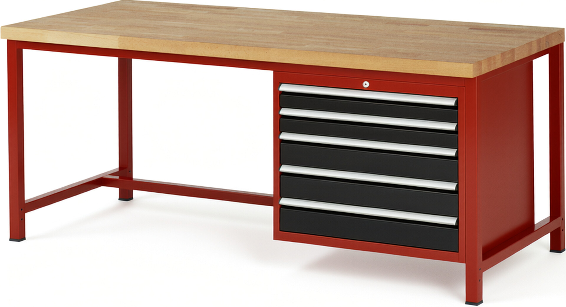 Werkbank Modell 8271 rot - schwarz, BxTxH 2000x900x840-1040 mm,  Buche-Massiv Arbeitsplatte 40 mm,  5 Schubladen mit  Vollauszug 100 % und  SoftClosing