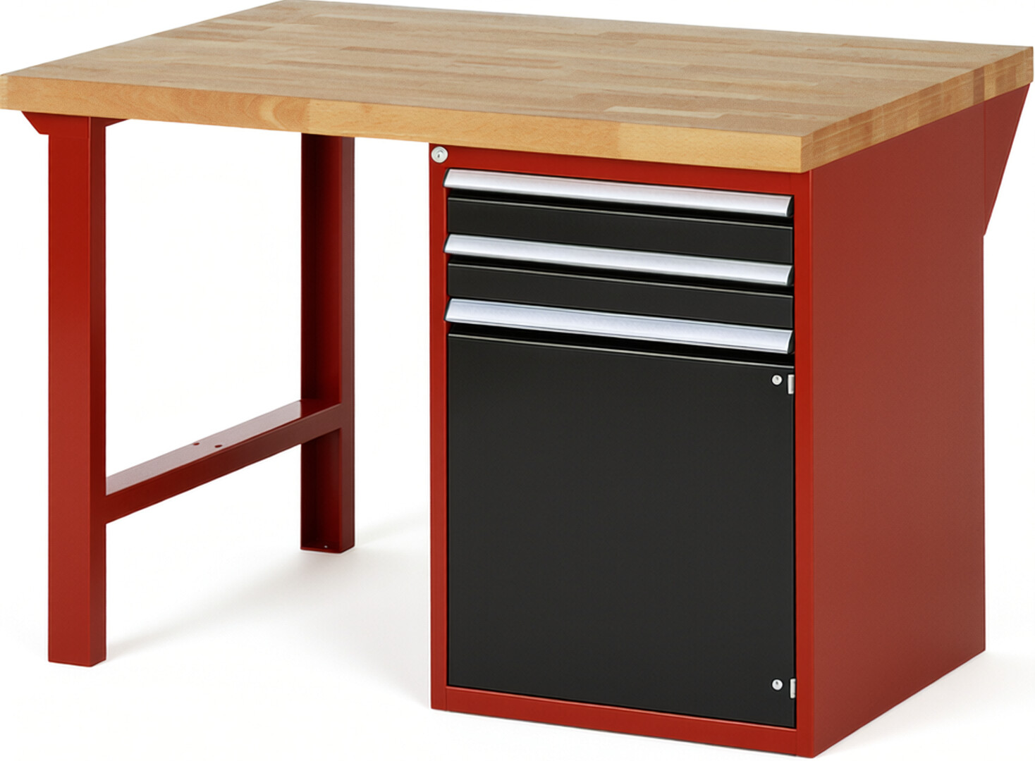 Werkbank Modell 7503 rot - schwarz, BxTxH 1250x900x840 mm,  Buche-Massiv Arbeitsplatte 40 mm,  2 Schubladen mit  Vollauszug 100 % und  SoftClosing