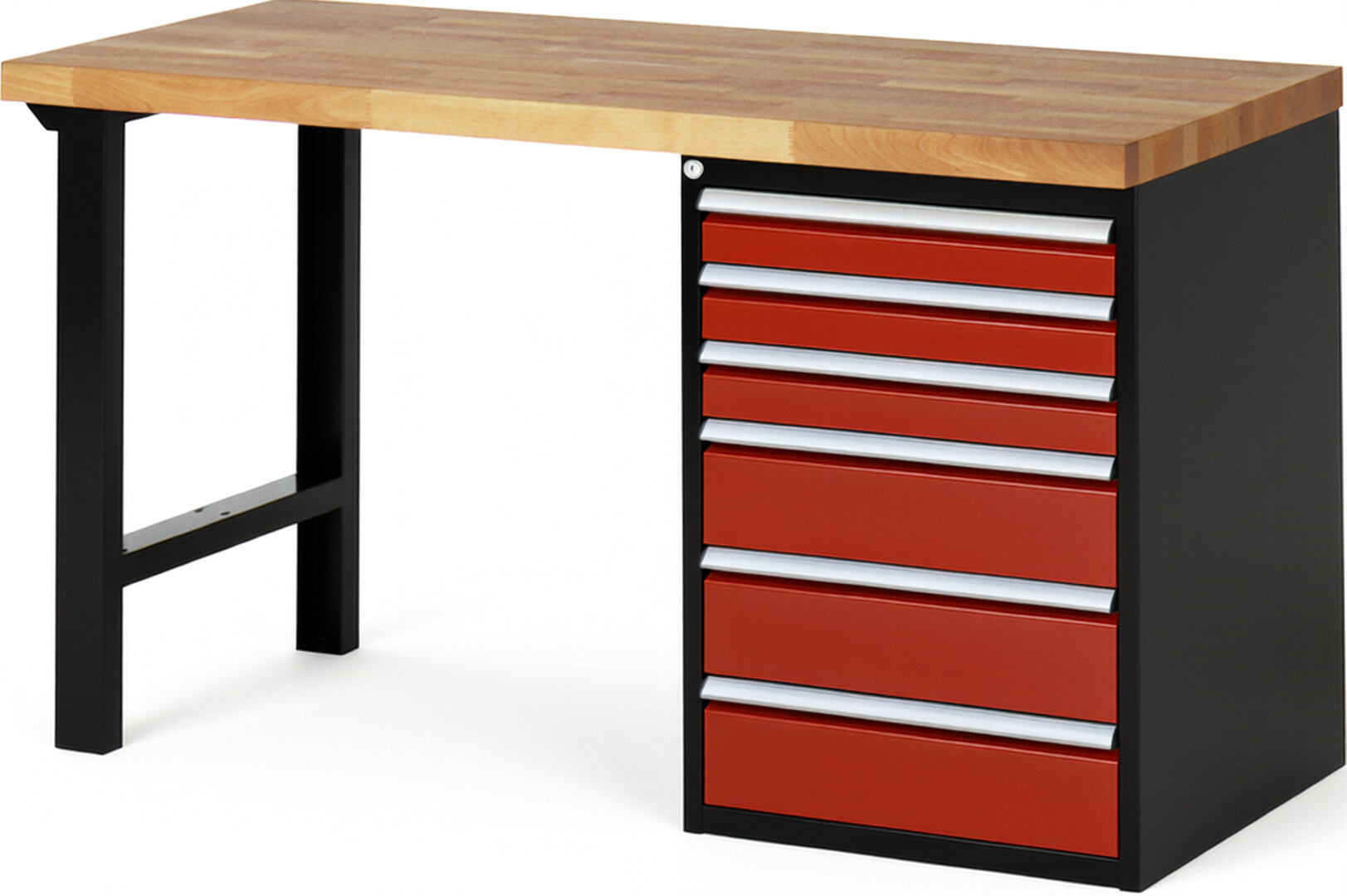 RAU Werkbank schwarz - rot - Breite 150 cm - Tiefe 70 cm - Höhe 89 cm - Buche-Massiv Arbeitsplatte 40 mm