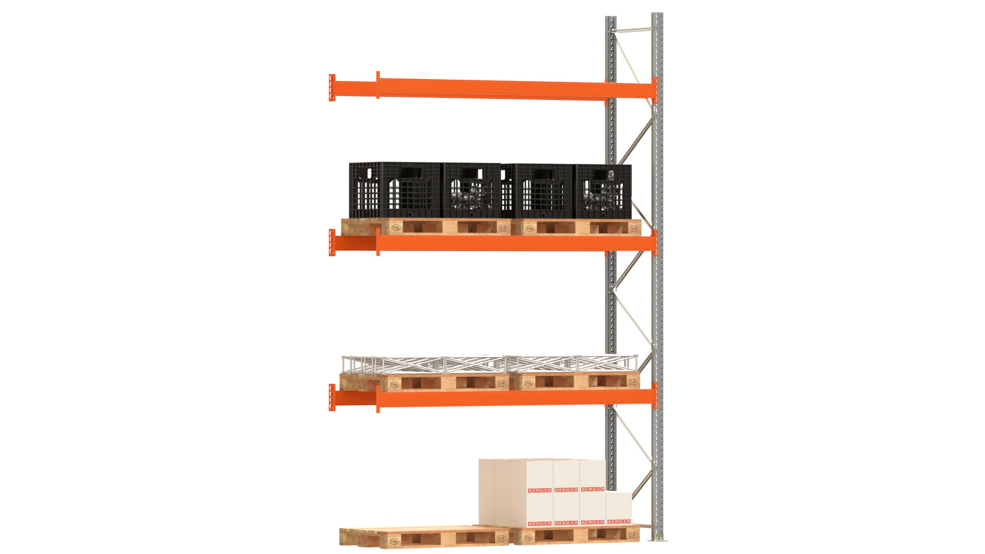 Palettenregal ARTUS - Anbaufeld - Breite 278,5 cm - Höhe 450 cm - Tiefe 80 cm - 3 Träger Ebenen