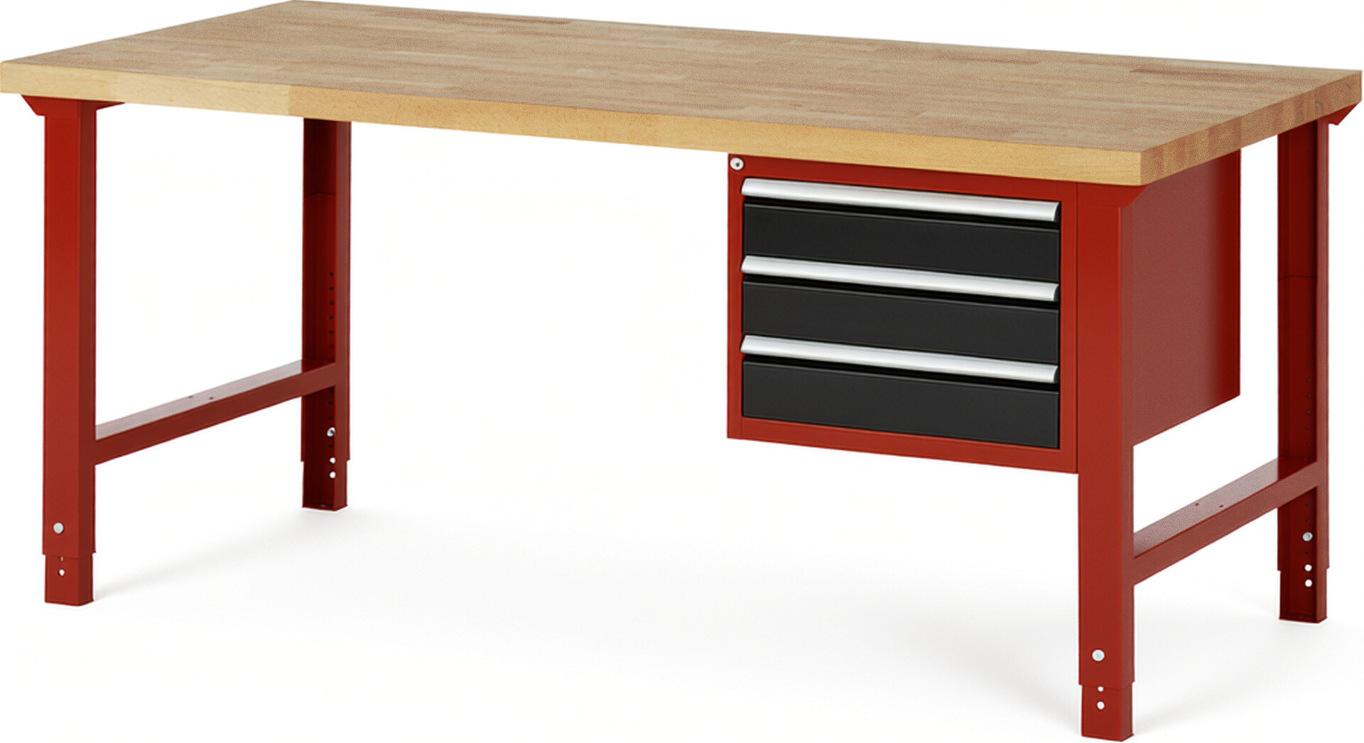 Werkbank Modell 7127 rot - schwarz, BxTxH 2000x900x790-1140 mm,  Buche-Massiv Arbeitsplatte 40 mm,  3 Schubladen mit  Auszug 90 %