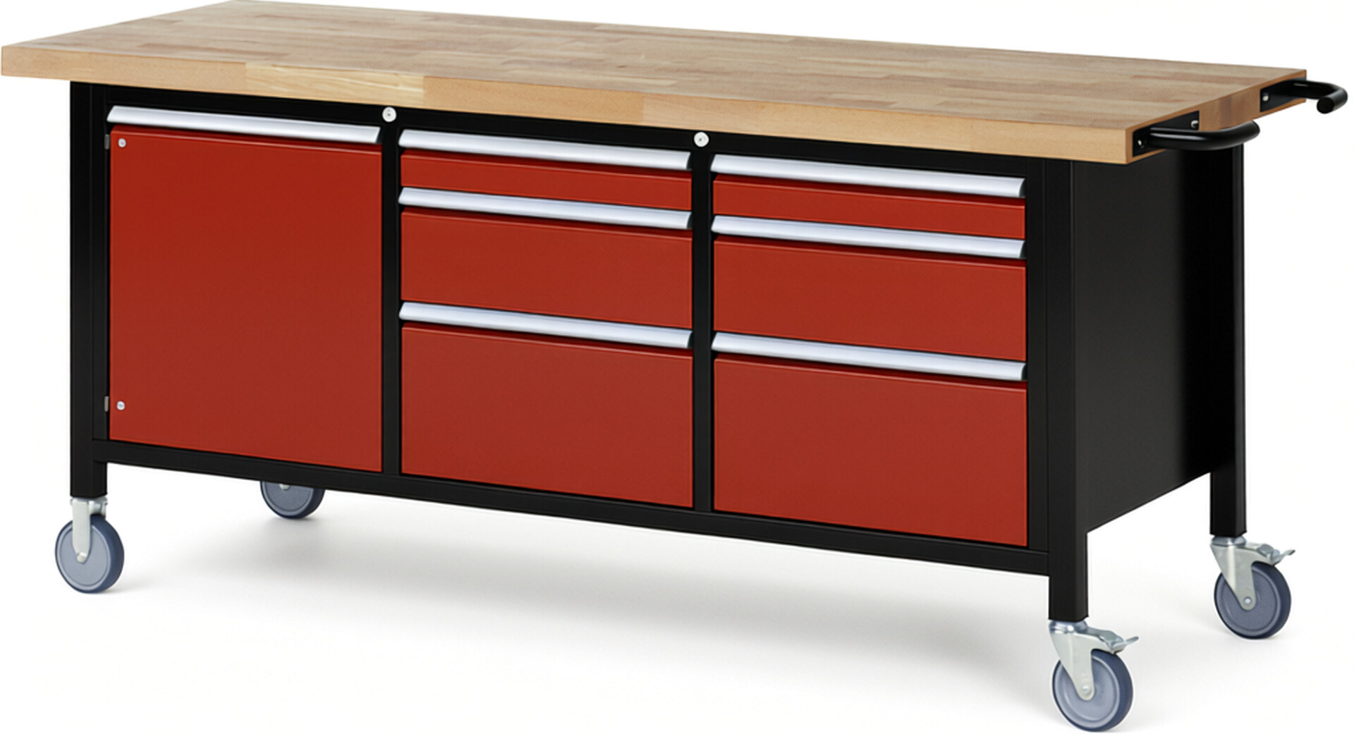 RAU Werkbank schwarz - rot - Breite 200 cm - Tiefe 70 cm - Höhe 108 cm - Buche-Massiv Arbeitsplatte 40 mm