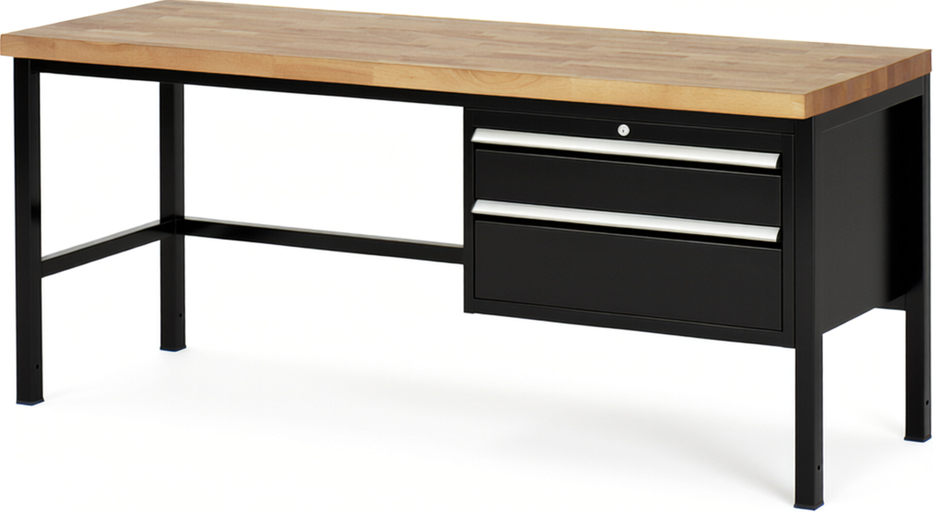 Werkbank Modell 8223 schwarz, BxTxH 2000x700x840-1040 mm,  Buche-Massiv Arbeitsplatte 40 mm,  2 Schubladen mit  Auszug 90 %
