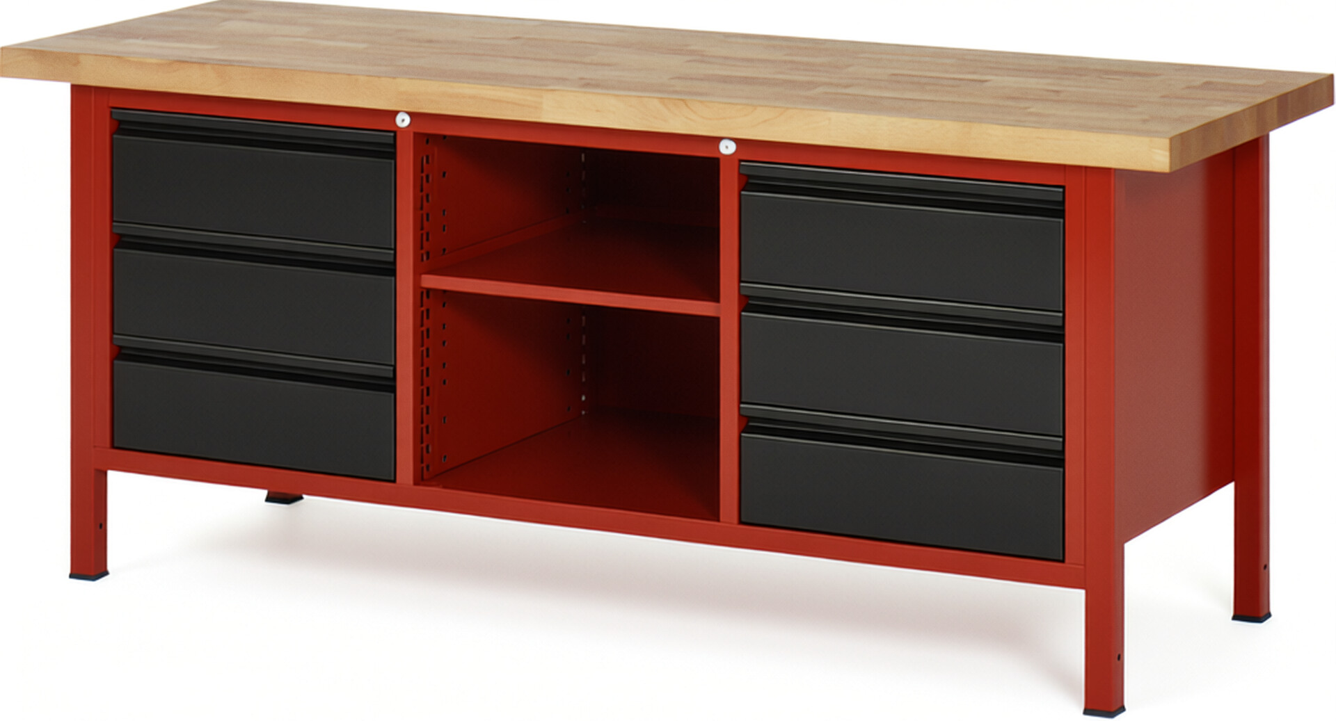 Werkbank - Modell 8581 BASIC rot - schwarz, BxTxH 2000x700x840-1040 mm,  Buche-Massiv Arbeitsplatte 40 mm,  6 Schubladen mit  Auszug 90 %