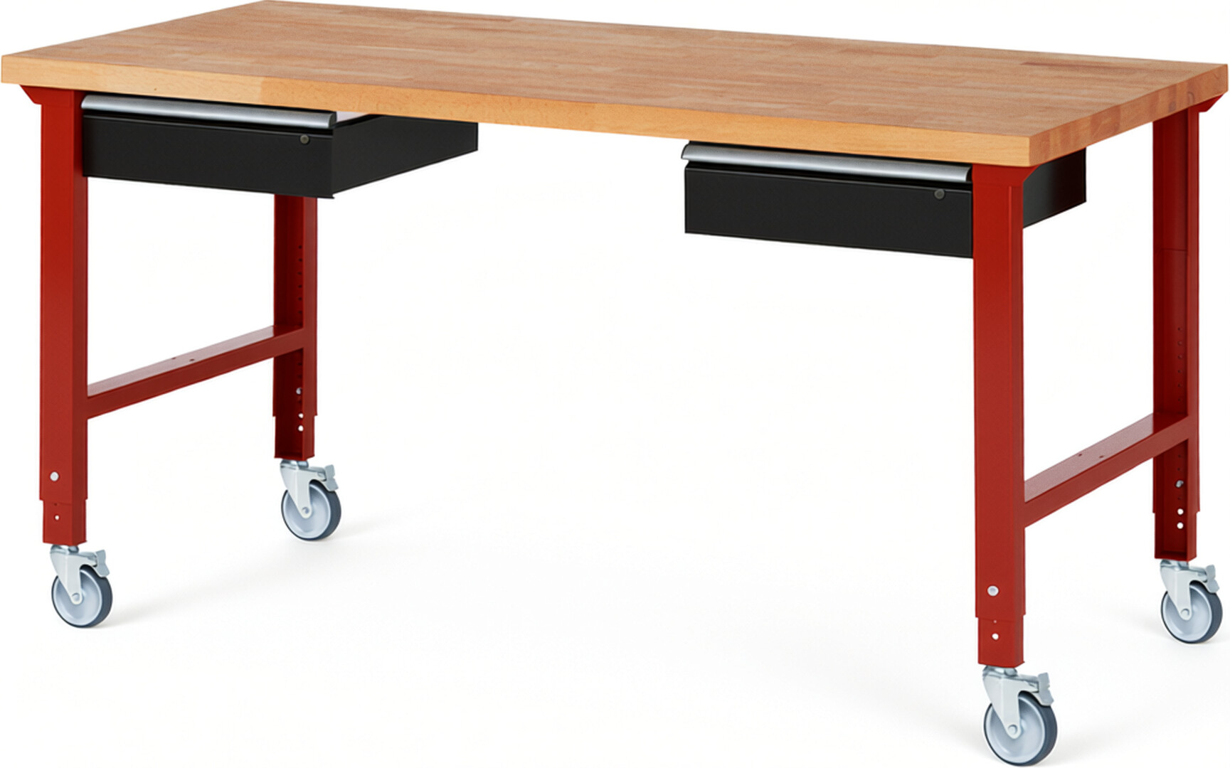 Fahrbare Werkbank Modell 7002 rot - schwarz, BxTxH 2000x900x950-1000 mm,  Buche-Massiv Arbeitsplatte 40 mm,  2 Schubladen mit  Auszug 90 %