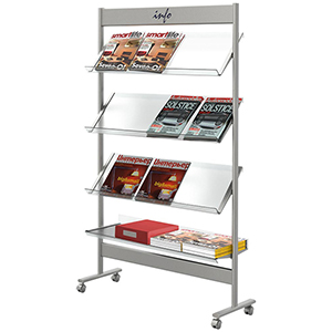 Prospektregal aus Stahl, Prospektständer, 4 Böden aus Acrylglas für 16 x DIN A4, BxTxH 910x350x1600 mm, fahrbar, alusilber