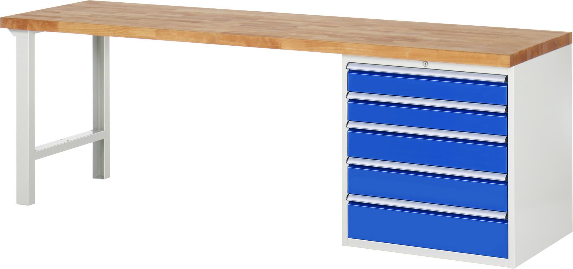 Werkbank Modell 7613 rot - schwarz, BxTxH 2500x700x890 mm,  Buche-Massiv Arbeitsplatte 40 mm,  5 Schubladen mit  Auszug 90 %