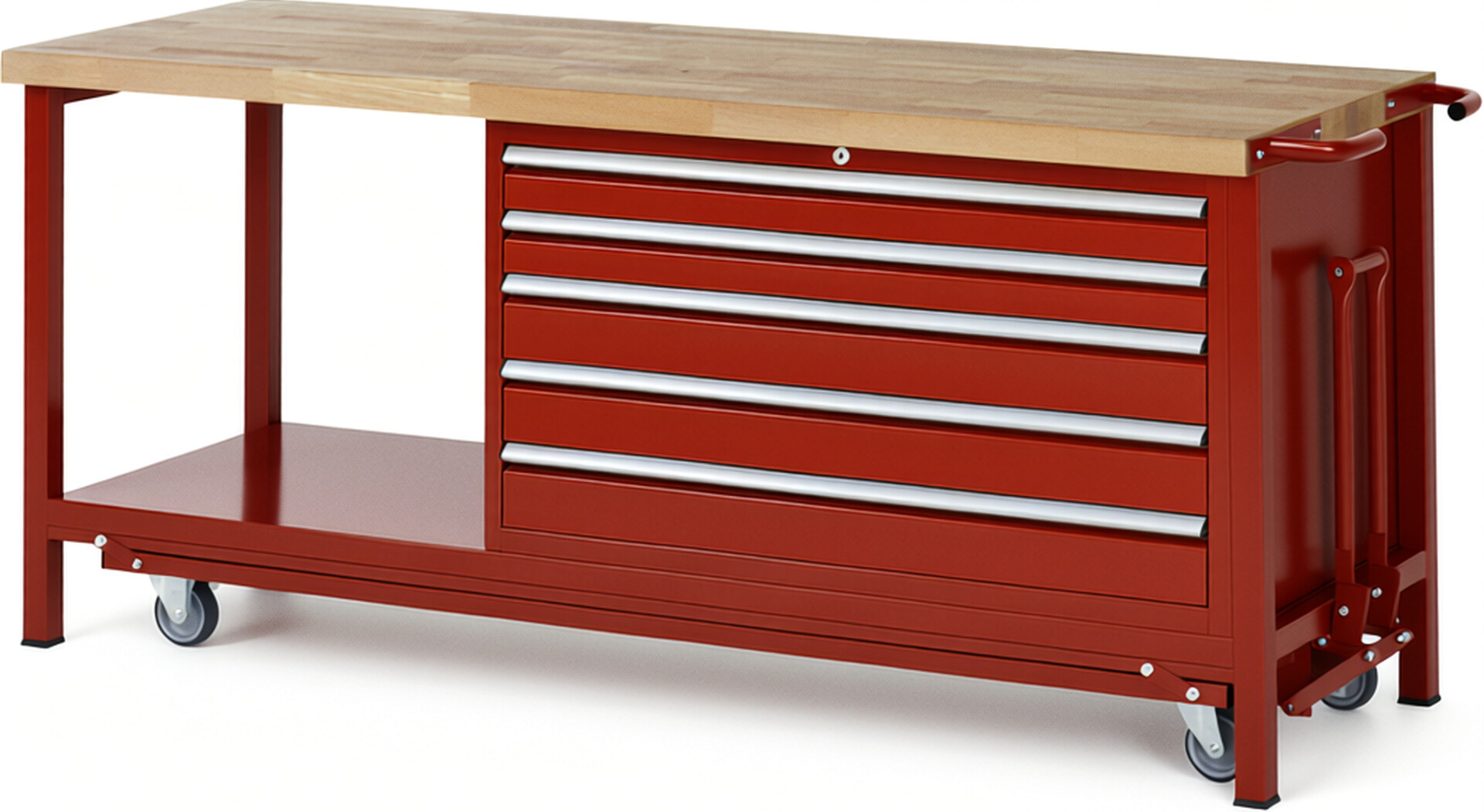 Absenkbare Werkbank Modell 8371 rot, BxTxH 2000x700x880 mm,  Buche-Massiv Arbeitsplatte 40 mm,  5 Schubladen mit  Vollauszug 100 % und  SoftClosing