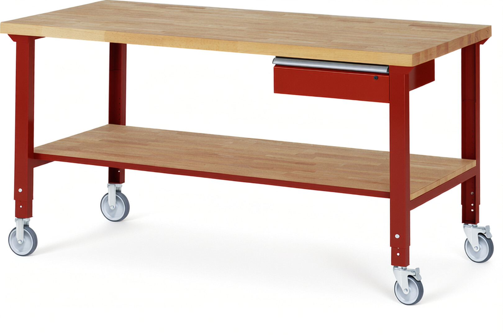 Fahrbare Werkbank Modell 7001 rot, BxTxH 2000x900x950-1000 mm,  Buche-Massiv Arbeitsplatte 40 mm,  1 Schublade mit  Auszug 90 %