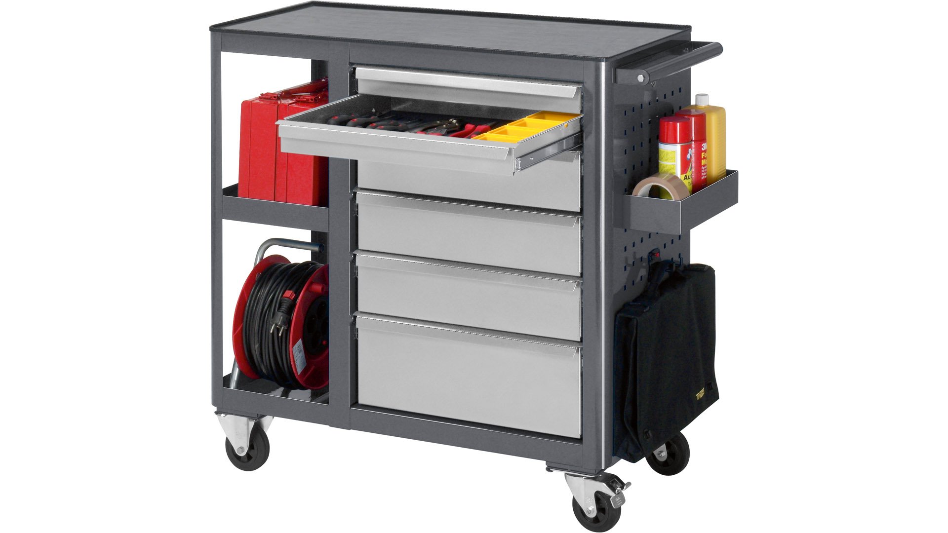 Werkstattwagen, Rollwerkbank mit ABS-Ablage, 6 Schubladen: 2x65,3x125, 1x190 mm, 2 Ablagefächer, BxTxH 960x450x950 mm, RAL7016/RAL7035