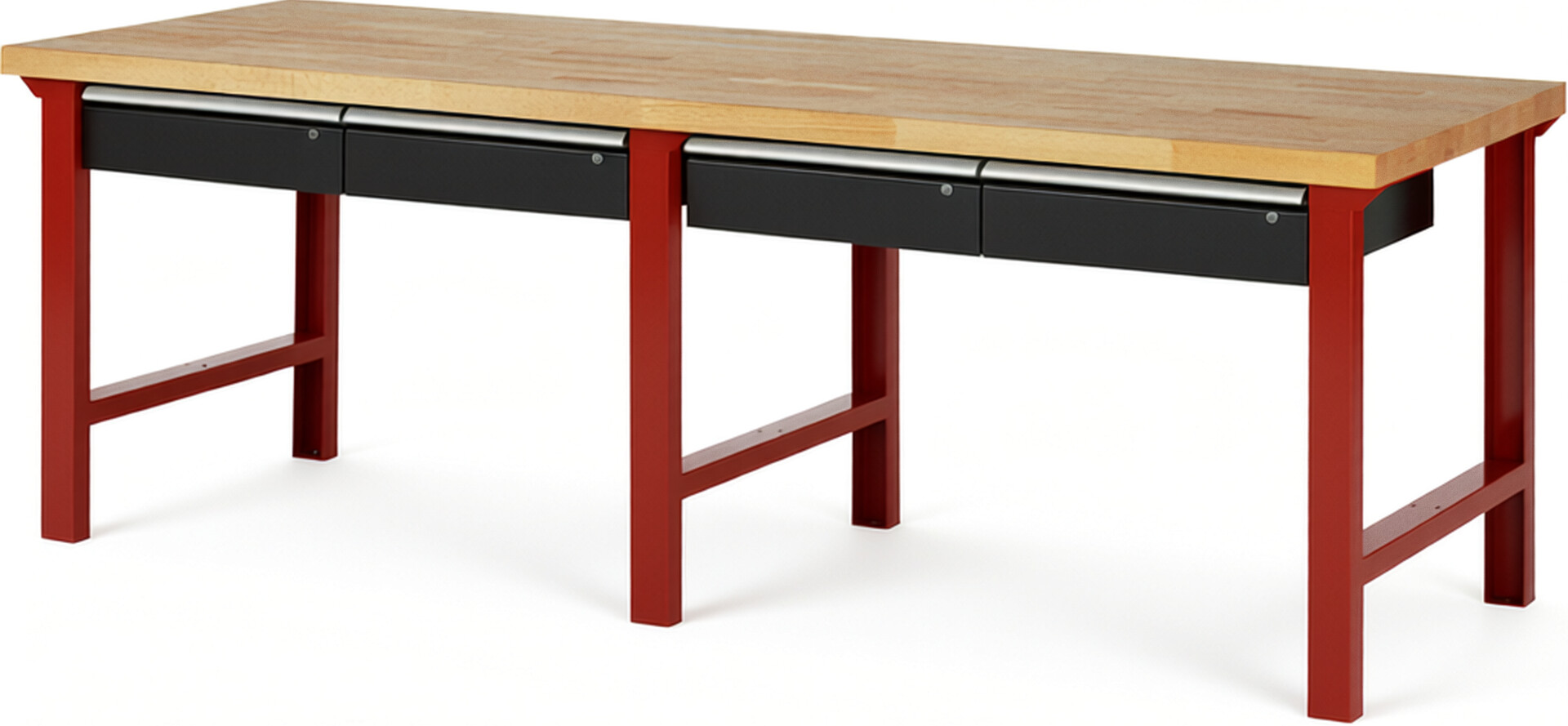 Werkbank Modell 7002 rot - schwarz, BxTxH 2500x900x840 mm,  Buche-Massiv Arbeitsplatte 40 mm,  4 Schubladen mit  Auszug 90 %
