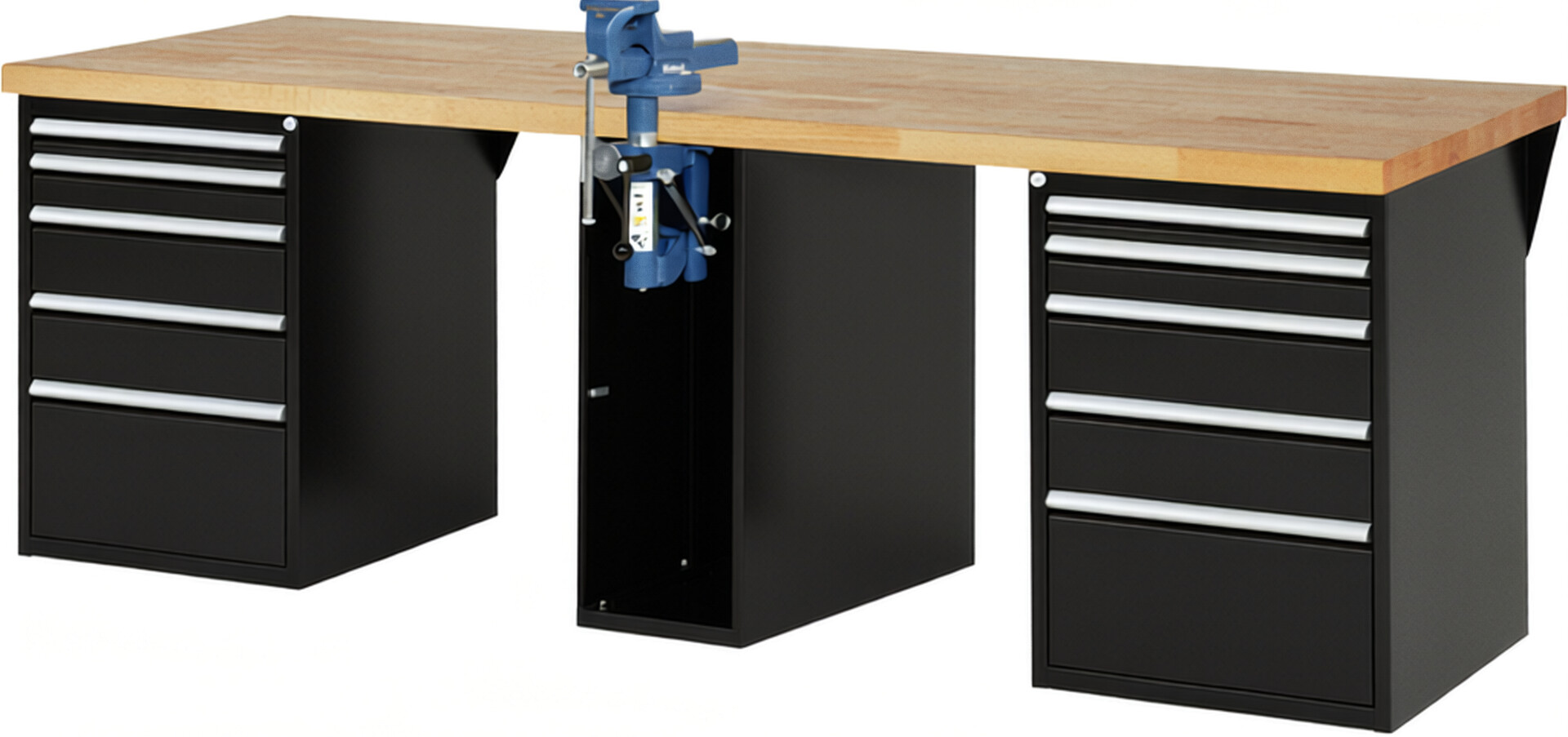 Werkbank Modell 7511 schwarz, BxTxH 2500x900x890 mm,  Buche-Massiv Arbeitsplatte 40 mm,  10 Schubladen mit  Auszug 90 %