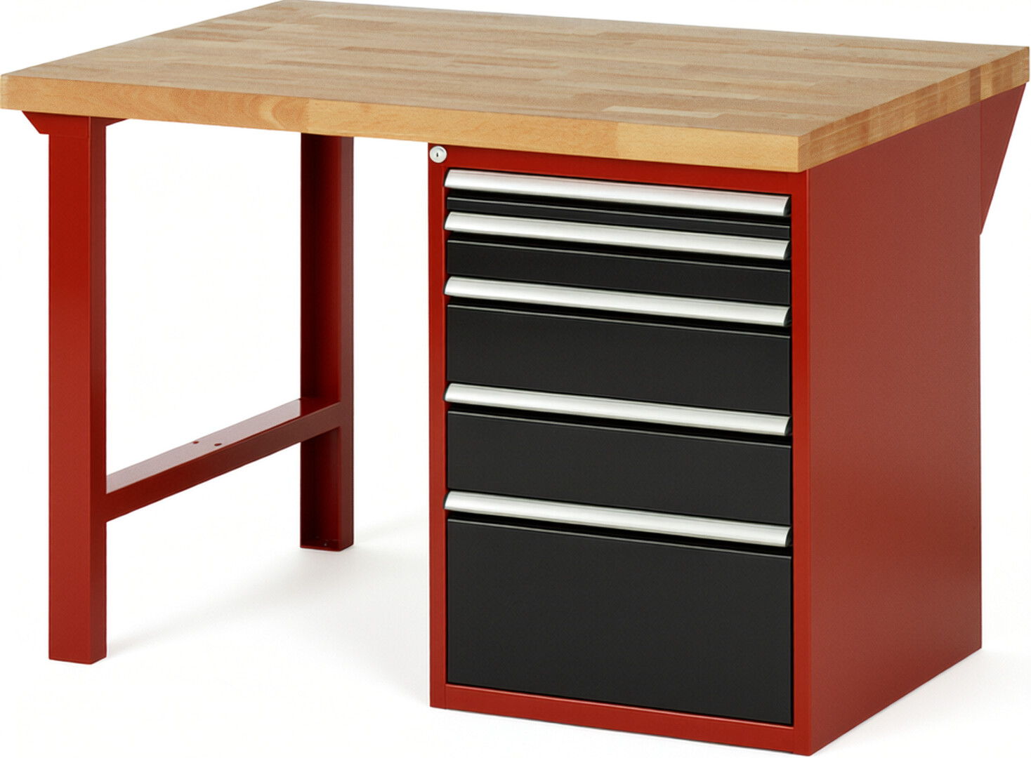 Werkbank Modell 7511 rot - schwarz, BxTxH 1250x900x840 mm,  Buche-Massiv Arbeitsplatte 40 mm,  5 Schubladen mit  Vollauszug 100 % und  SoftClosing