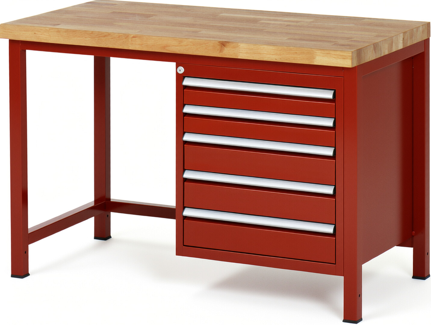 Werkbank Modell 8171 rot, BxTxH 1250x700x840 mm,  Buche-Massiv Arbeitsplatte 40 mm,  5 Schubladen mit  Vollauszug 100 % und  SoftClosing