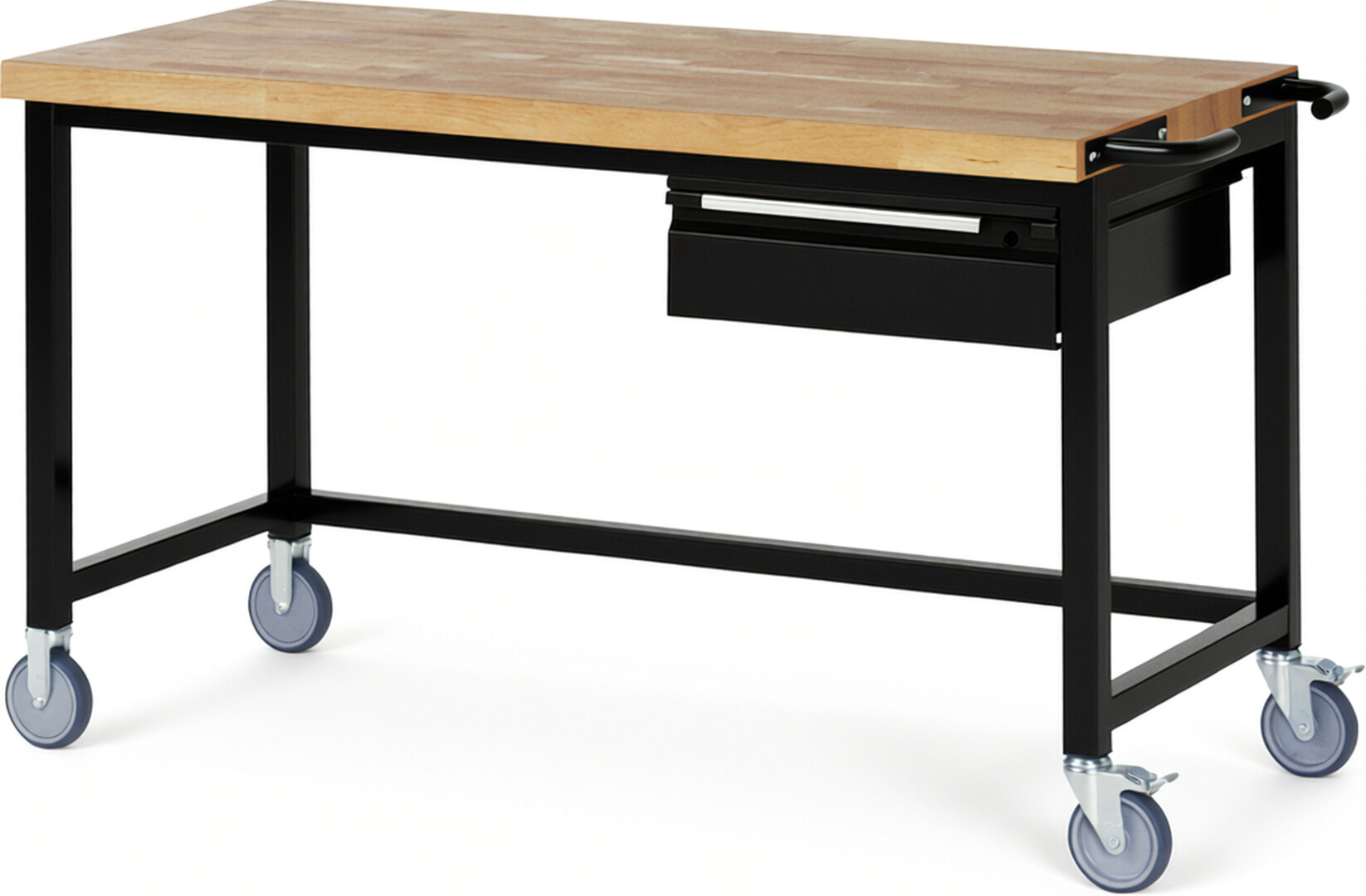 Fahrbare Werkbank - Modell 8001 BASIC schwarz, BxTxH 1500x700x880 mm,  Buche-Massiv Arbeitsplatte 40 mm,  1 Schublade mit  Auszug 90 %