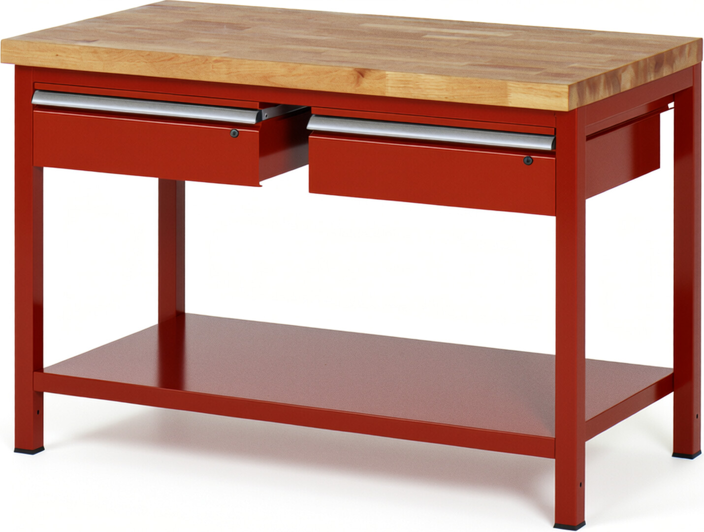 Werkbank Modell 8002 rot, BxTxH 1250x700x840-1040 mm,  Buche-Massiv Arbeitsplatte 40 mm,  2 Schubladen mit  Auszug 90 %