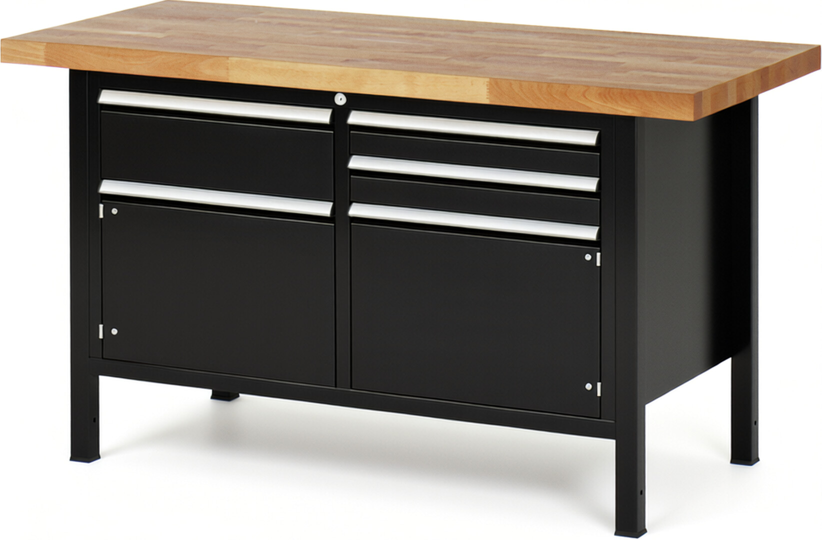 Werkbank Modell 8467 schwarz, BxTxH 1500x700x840 mm,  Buche-Massiv Arbeitsplatte 40 mm,  3 Schubladen mit  Vollauszug 100 % und  SoftClosing
