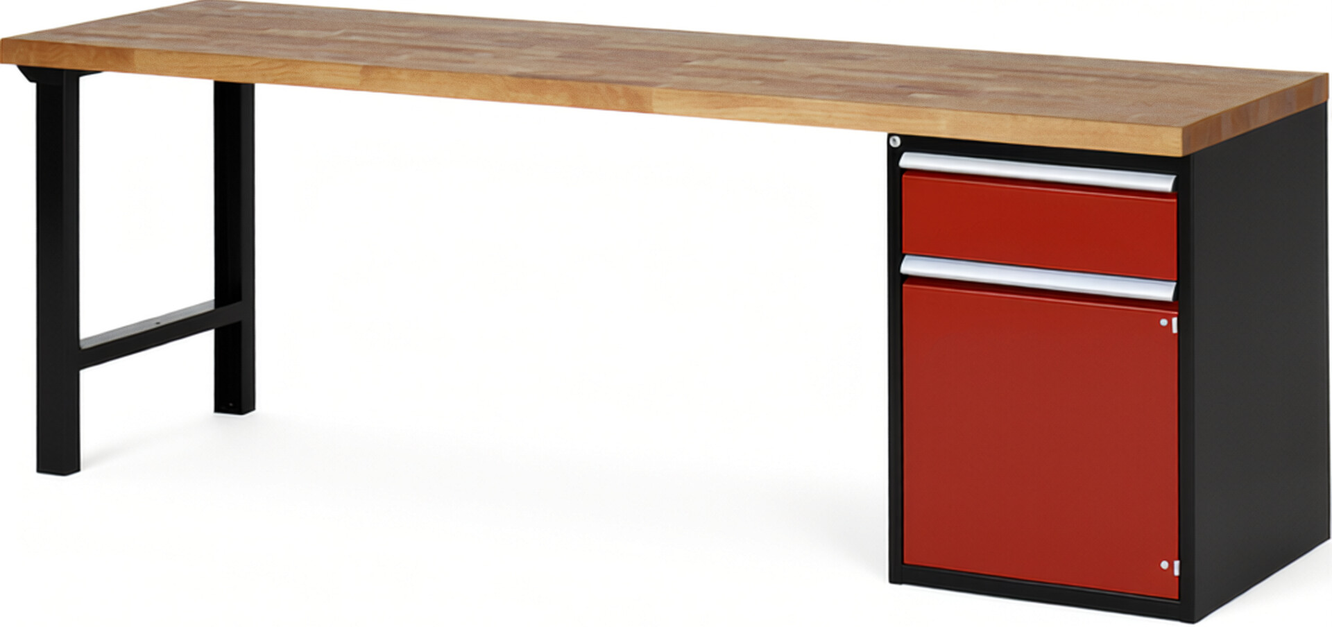 RAU Werkbank schwarz - rot - Breite 250 cm - Tiefe 70 cm - Höhe 84 cm - Buche-Massiv Arbeitsplatte 40 mm