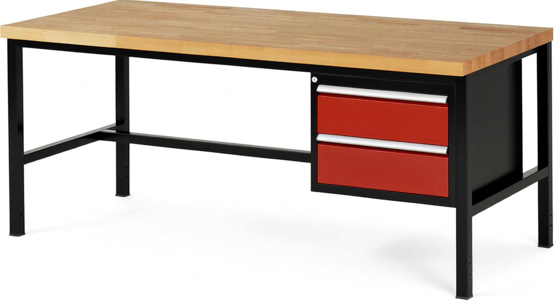 RAU Werkbank schwarz - rot - Breite 200 cm - Tiefe 90 cm - Höhe 104 cm - Buche-Massiv Arbeitsplatte 40 mm