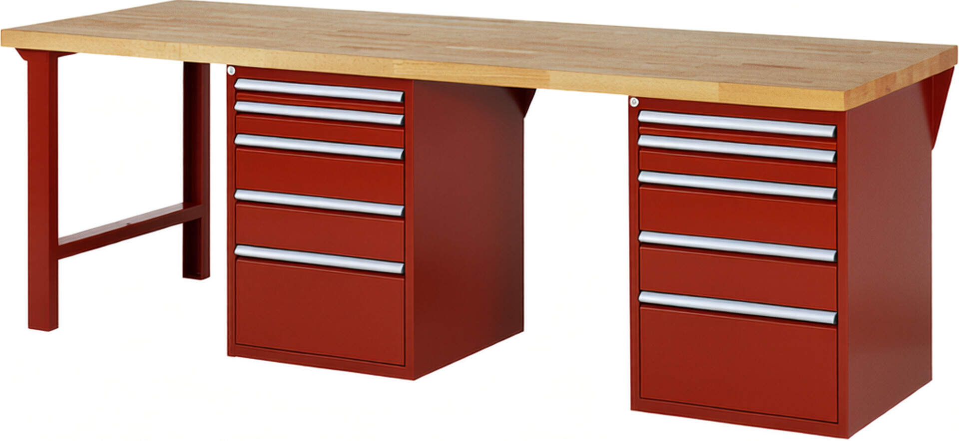 RAU Werkbank rot - Breite 250 cm - Tiefe 90 cm - Höhe 89 cm - Buche-Massiv Arbeitsplatte 40 mm