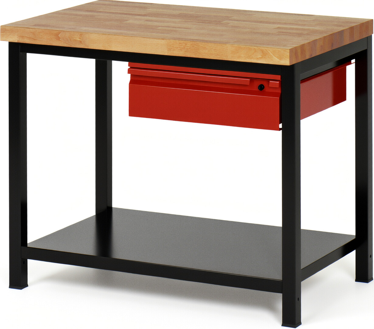 Werkbank schwarz - rot, Breite 100 cm, Tiefe 70 cm, Höhe 104 cm, 1 Schublade(n), Platte: Buche-Massiv-Arbeitsplatte