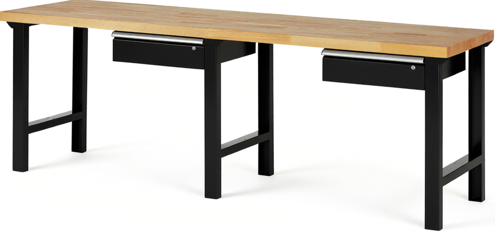 Werkbank Modell 7001 schwarz, BxTxH 2500x700x840 mm,  Buche-Massiv Arbeitsplatte 40 mm,  2 Schubladen mit  Auszug 90 %