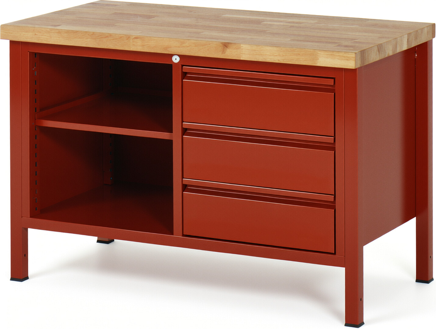 Werkbank rot, BxTxH 1250x700x840 mm, Platte Buche 40 mm, 3 Schublade 180 mm, 1 Fachboden, RAL 3000/3000