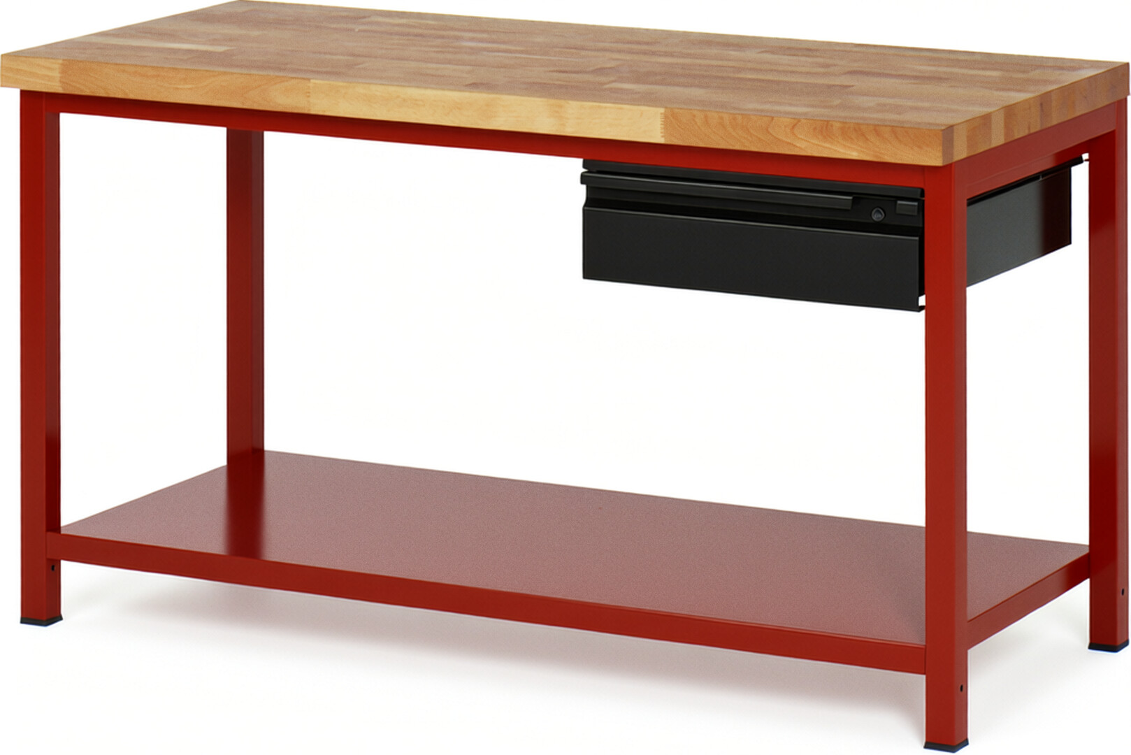Werkbank rot - schwarz, BxTxH 1500x700x840-1040 mm, Platte Buche 40 mm, inkl. Stahlblech-Ablageboden, 1x 150 mm Hängeschublade, RAL 3000/9011