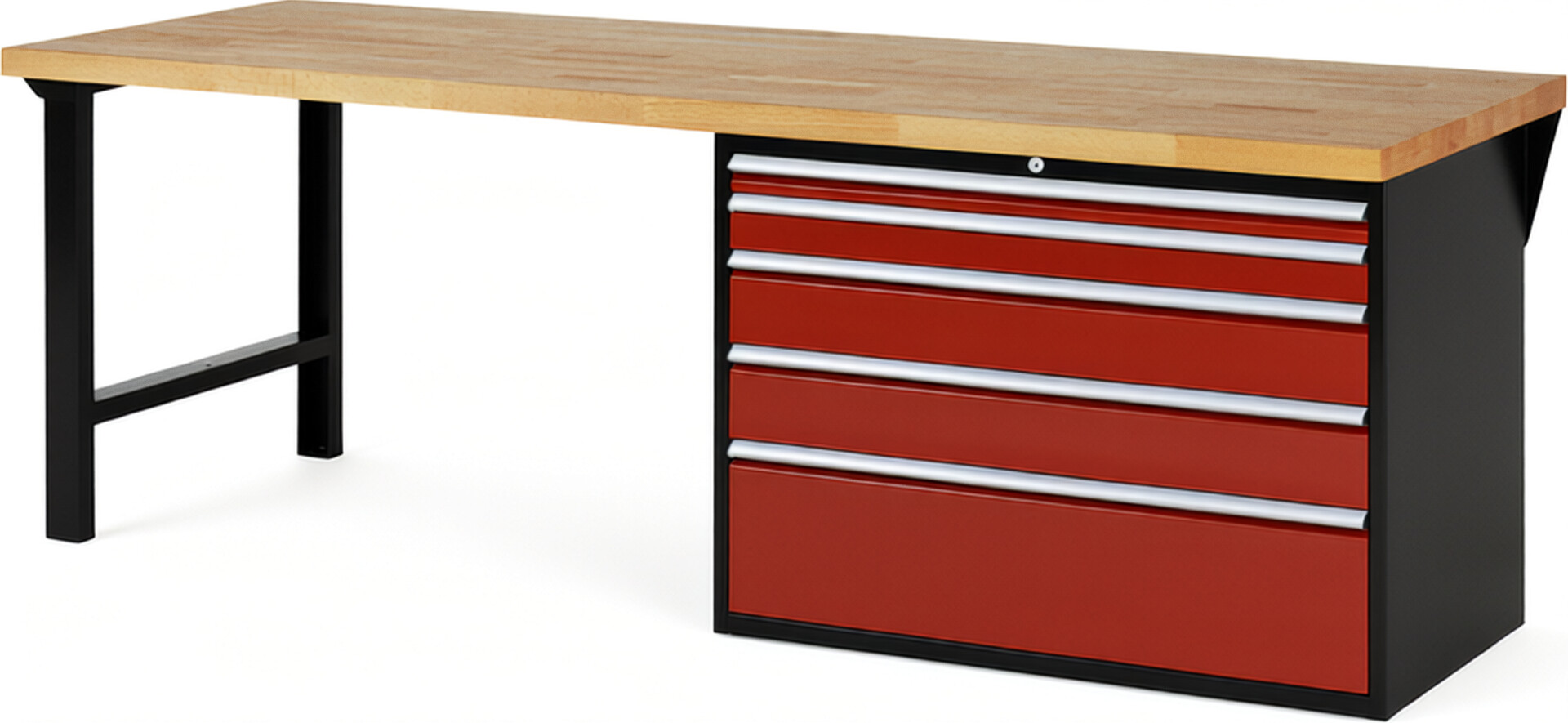 RAU Werkbank schwarz - rot - Breite 250 cm - Tiefe 90 cm - Höhe 84 cm - Buche-Massiv Arbeitsplatte 40 mm