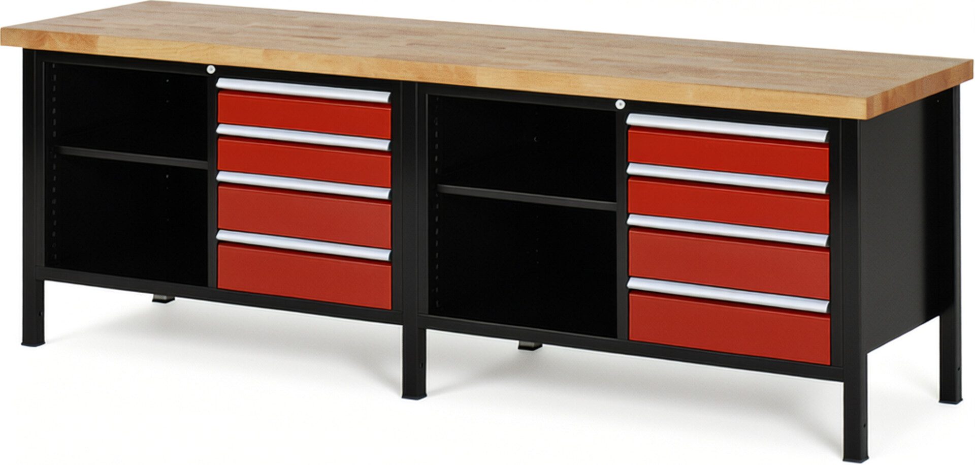 RAU Werkbank schwarz - rot - Breite 250 cm - Tiefe 70 cm - Höhe 104 cm - Buche-Massiv Arbeitsplatte 40 mm