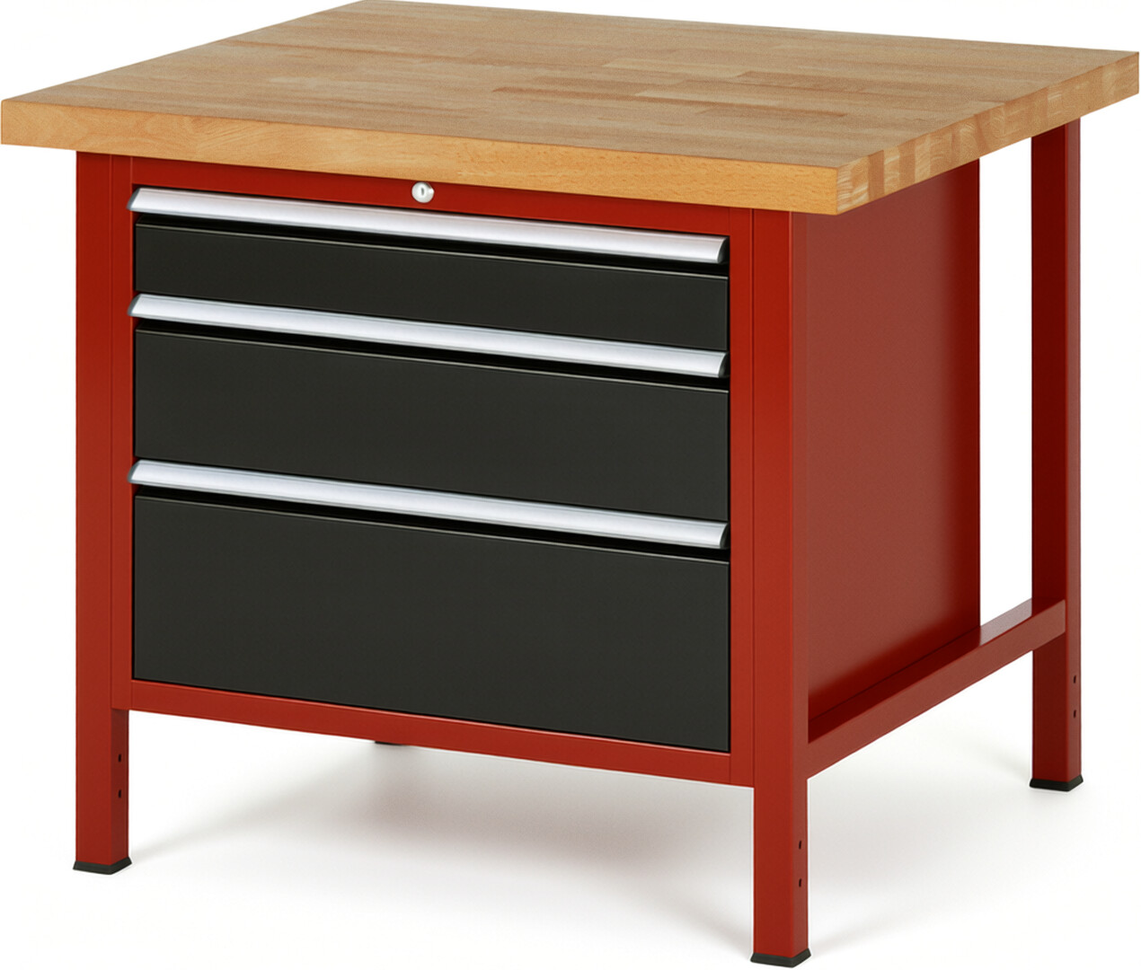 Werkbank Modell 8259 rot - schwarz, BxTxH 1000x900x840-1040 mm,  Buche-Massiv Arbeitsplatte 40 mm,  3 Schubladen mit  Vollauszug 100 % und  SoftClosing