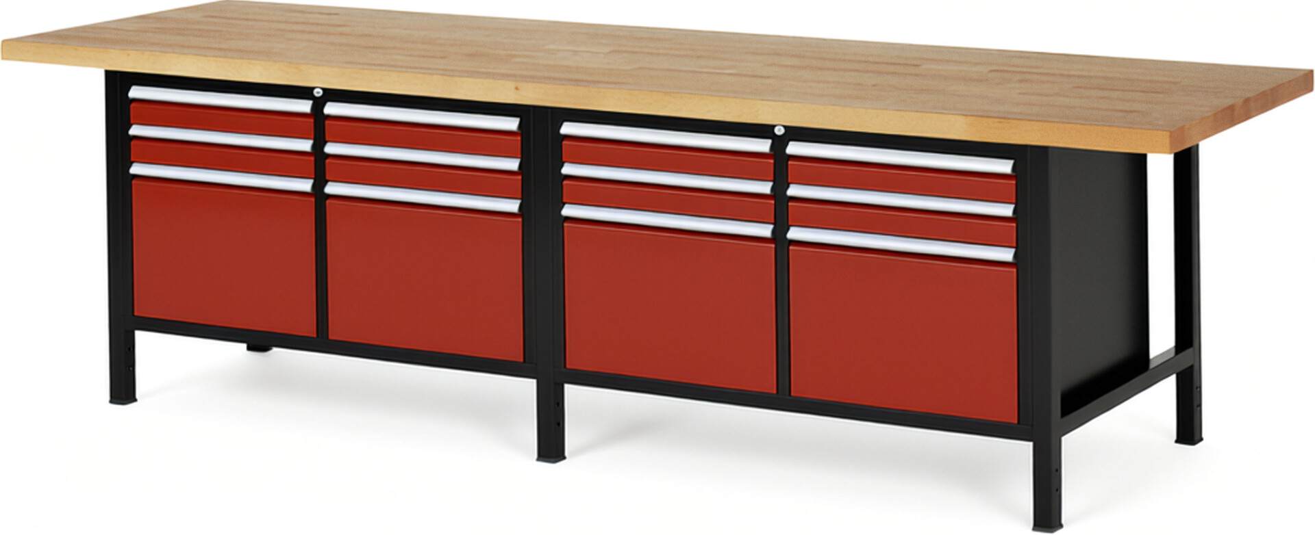 RAU Werkbank schwarz - rot - Breite 300 cm - Tiefe 90 cm - Höhe 104 cm - Buche-Massiv Arbeitsplatte 40 mm